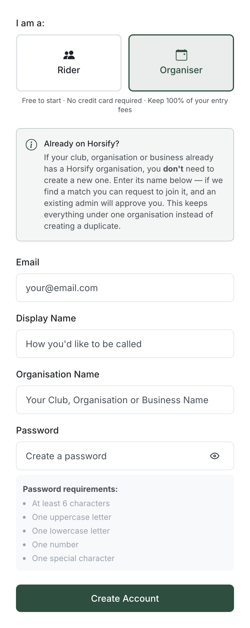 Horsify Create Account form with the Organiser account type selected