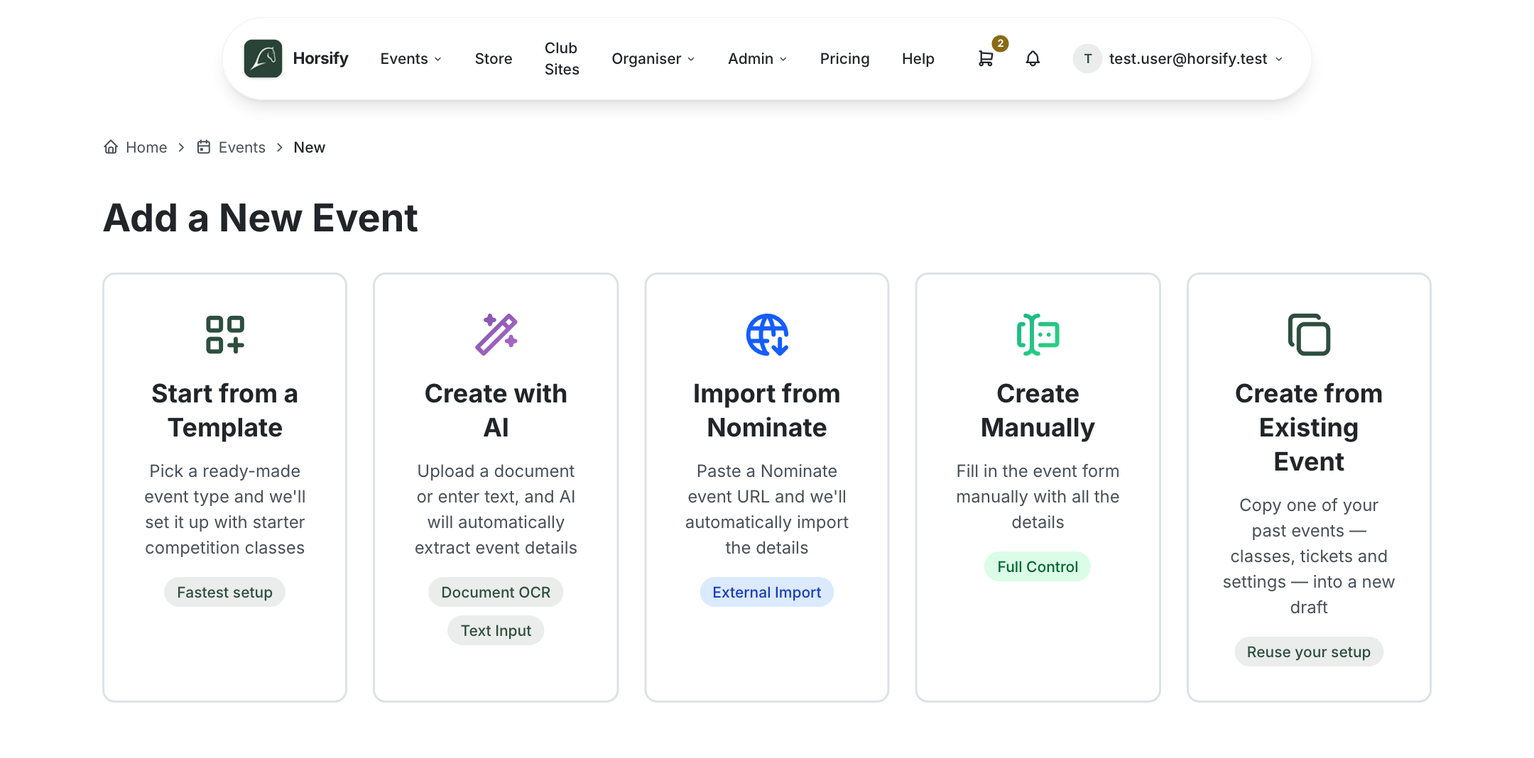 The "Add a New Event" page showing five setup methods as cards: Start from a Template, Create with AI, Import from Nominate, Create Manually, and Create from Existing Event