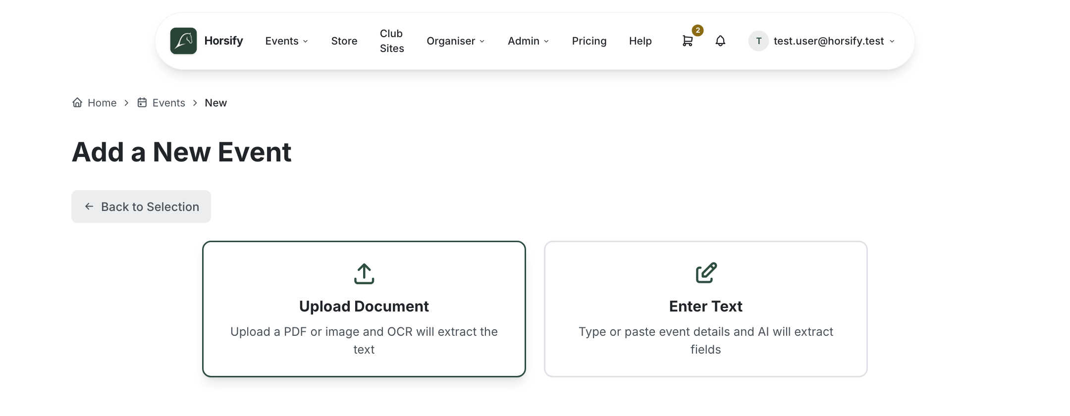 The Create with AI screen offering two options: Upload Document (a PDF or image processed with OCR) and Enter Text (type or paste event details)