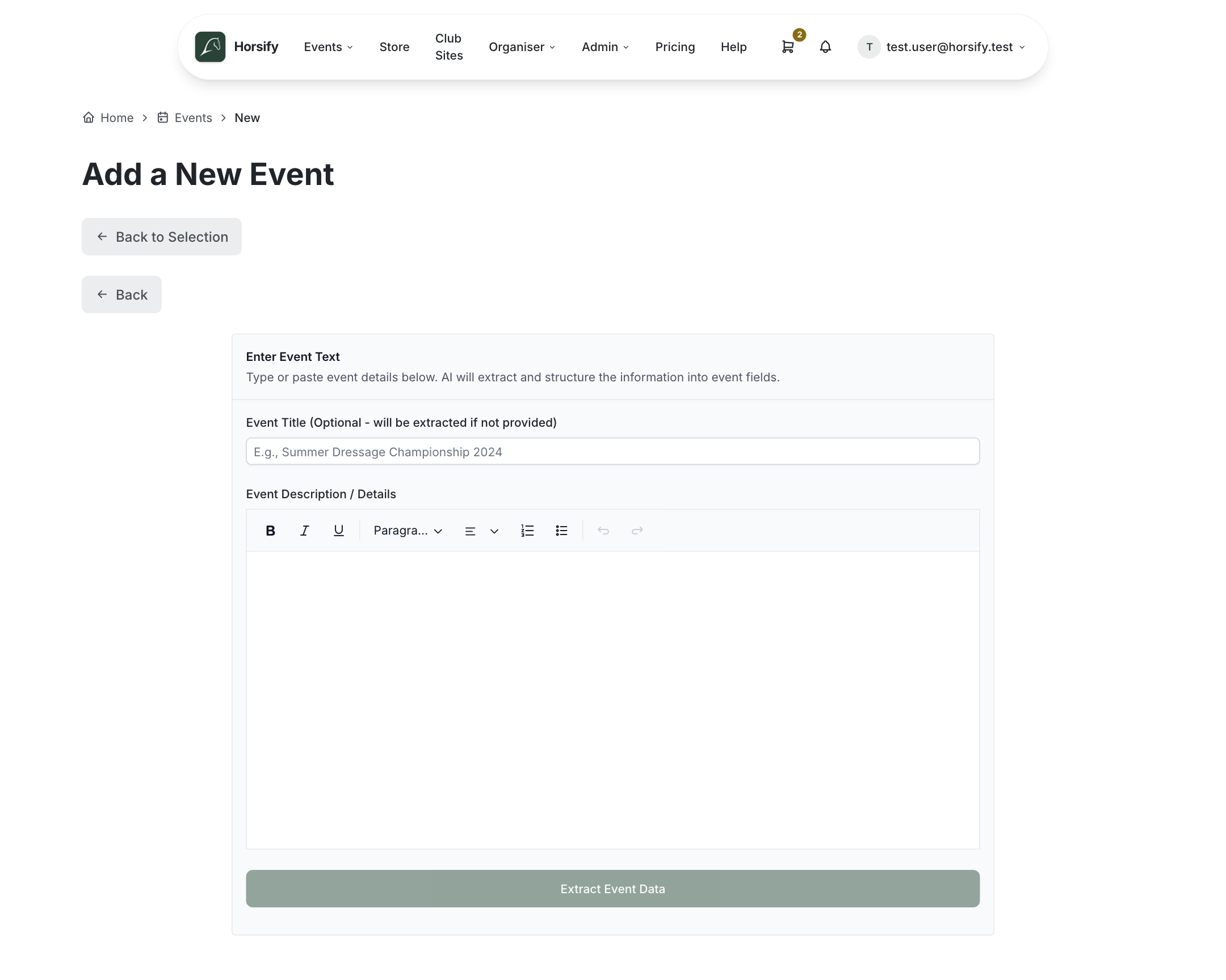 The Enter Text screen with an optional event-title field and a rich-text editor for pasting event details, plus an "Extract Event Data" button