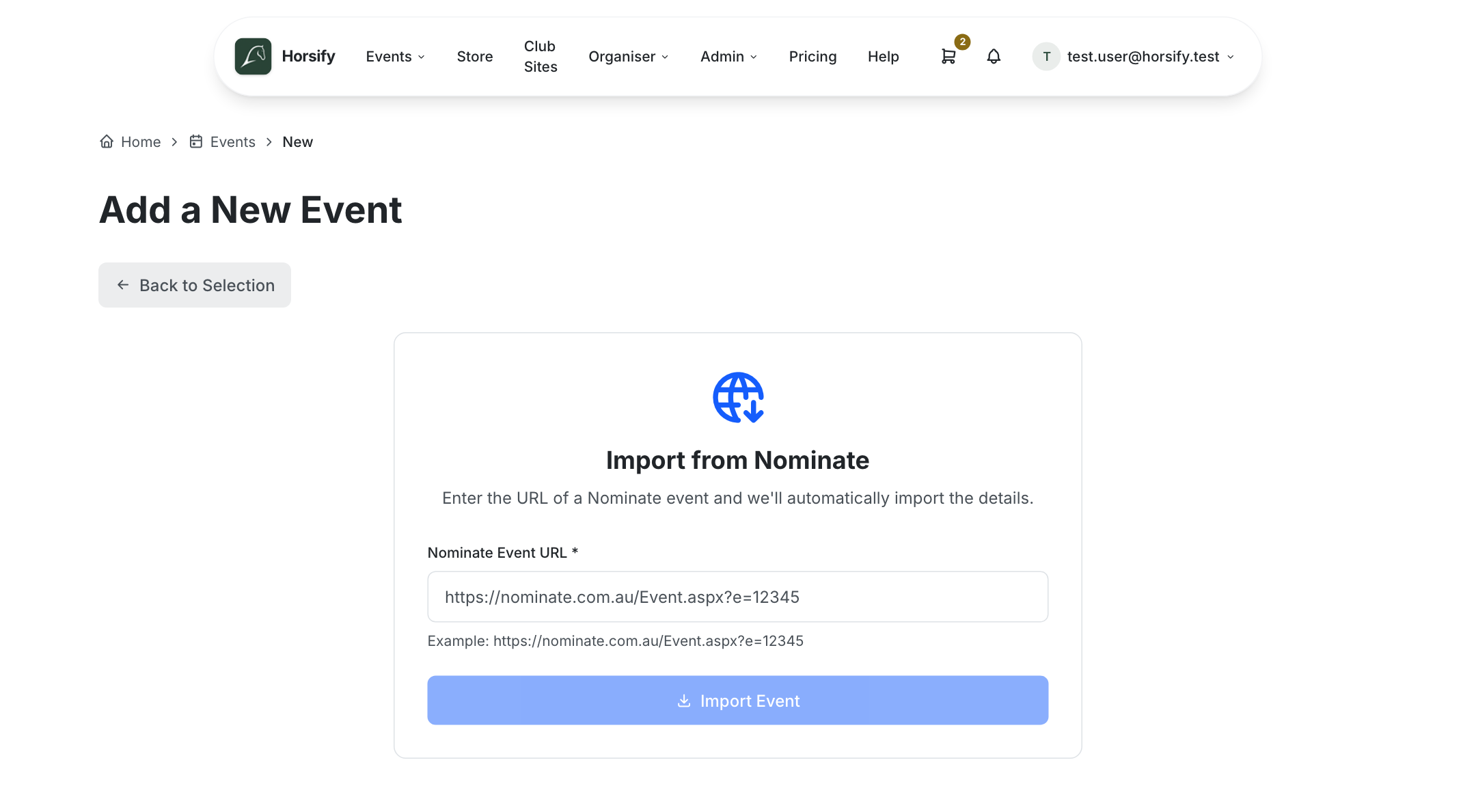 The Import from Nominate screen with a field for a Nominate event URL and an "Import Event" button