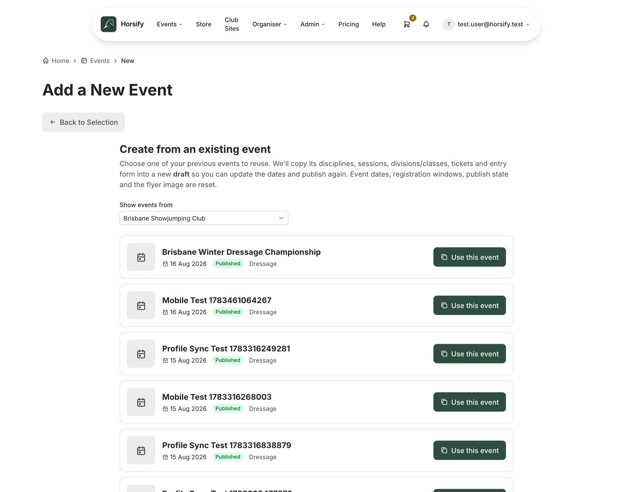 The "Create from an existing event" screen with an organisation picker and a list of past events, each showing its date and status with a "Use this event" button