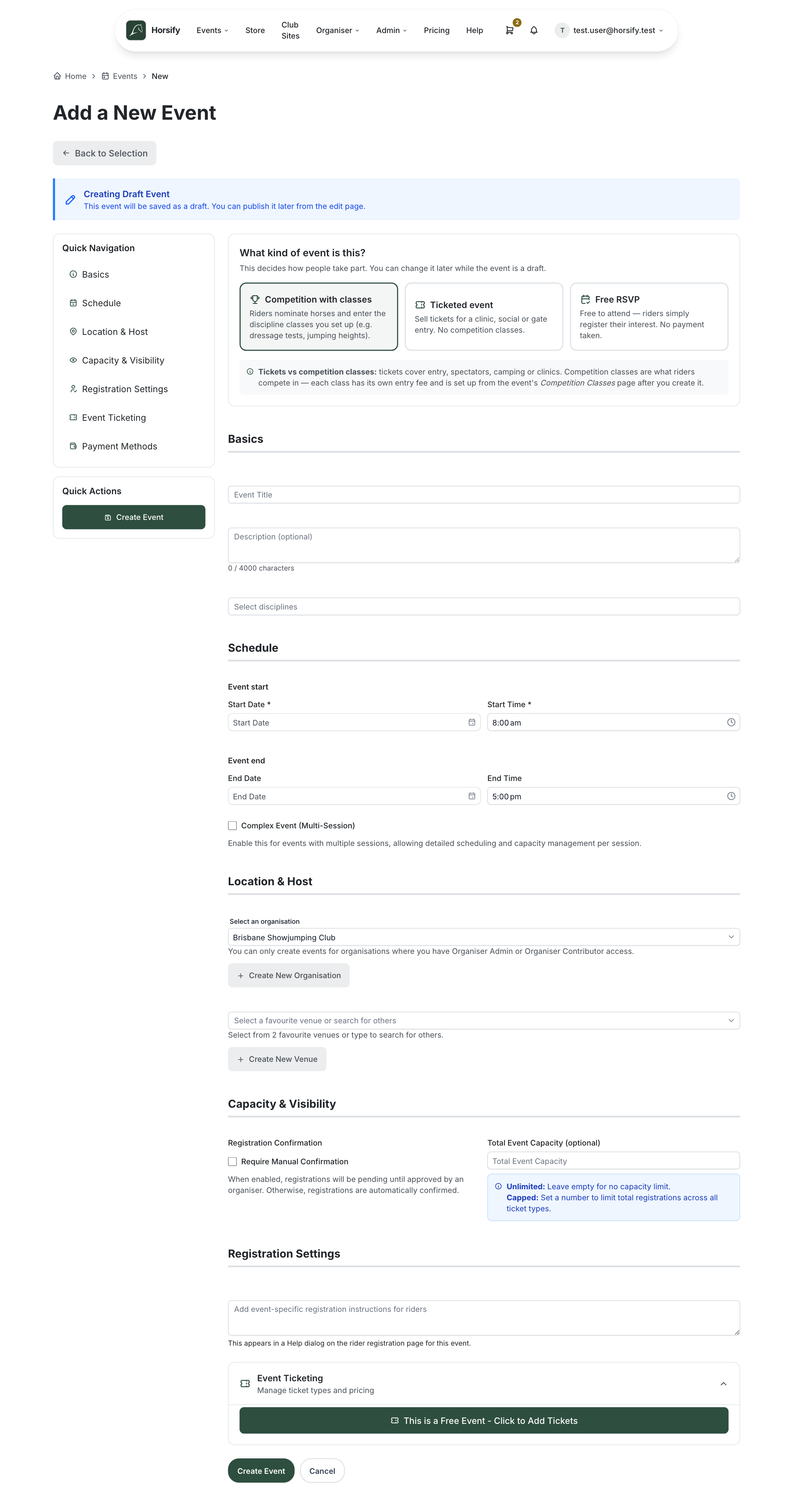 The manual event form showing the draft banner, the "What kind of event is this?" chooser, and the Basics, Schedule, Location & Host, Capacity & Visibility and Registration Settings sections with a Quick Navigation sidebar