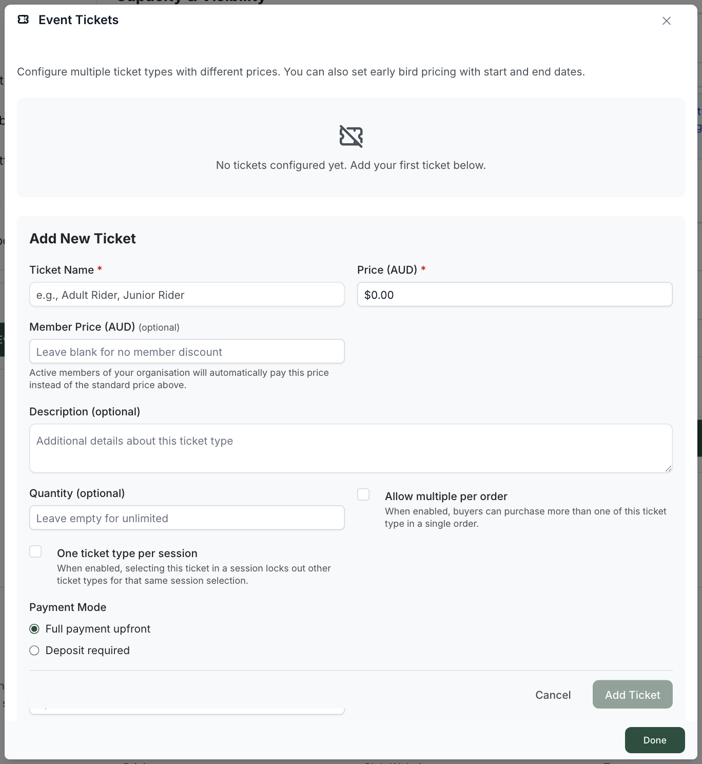 The Event Tickets editor showing fields for Ticket Name, Price, Member Price, Description, Quantity, "Allow multiple per order", "One ticket type per session" and Payment Mode