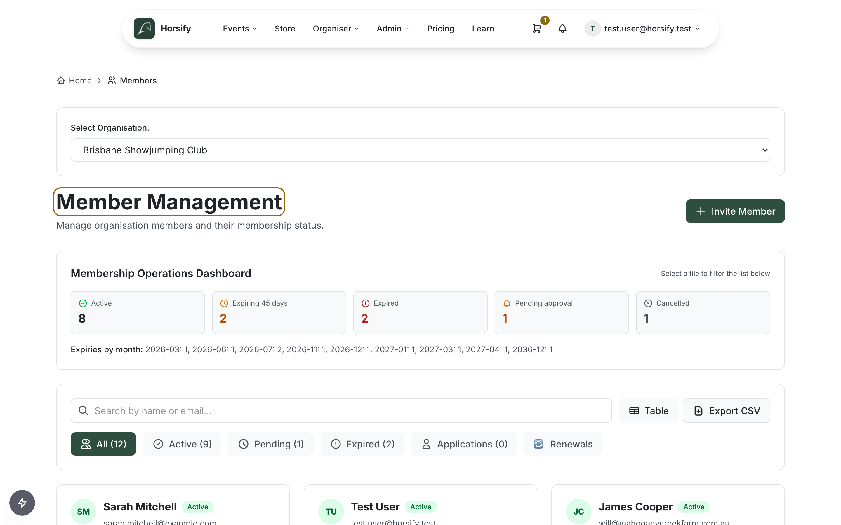 Member Management page showing the organisation selector, the Membership Operations Dashboard tiles (Active, Expiring, Expired, Pending, Cancelled) and the member list