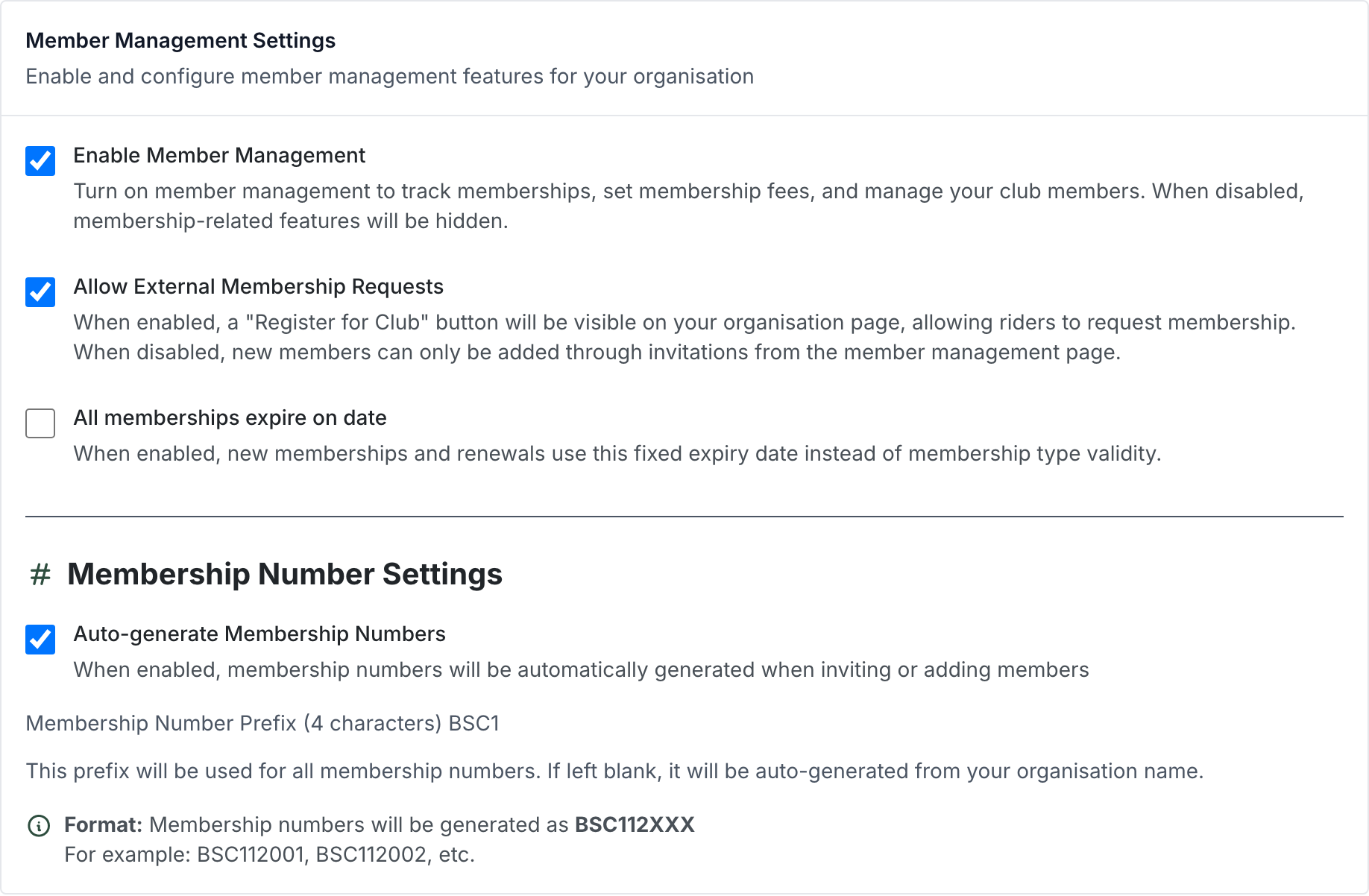Member Management Settings card with Enable Member Management, Allow External Membership Requests and All memberships expire on date toggles, plus the Membership Number Settings with auto-generate and prefix