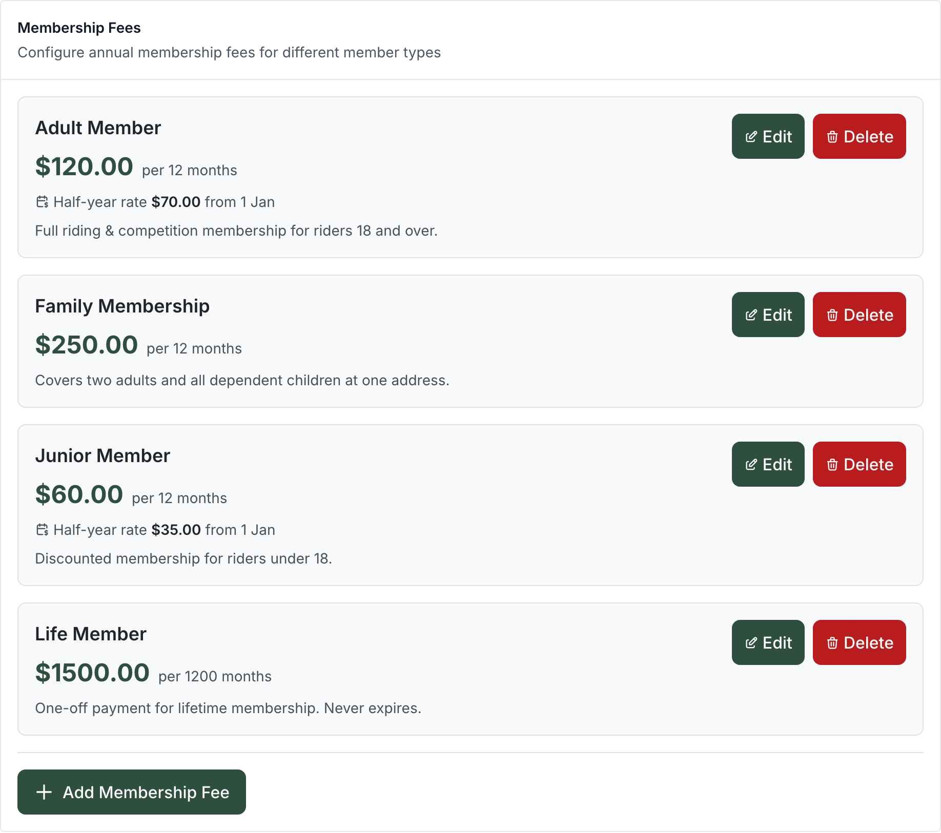 Membership Fees list showing Adult Member, Family Membership, Junior Member and Life Member with prices, validity and half-year rates, plus an Add Membership Fee button