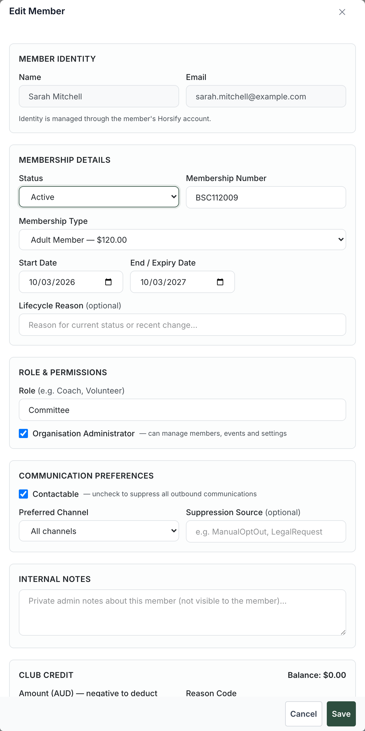 Edit Member dialog with sections for Member Identity, Membership Details (status, number, type, dates), Role & Permissions, Communication Preferences, Internal Notes and Club Credit