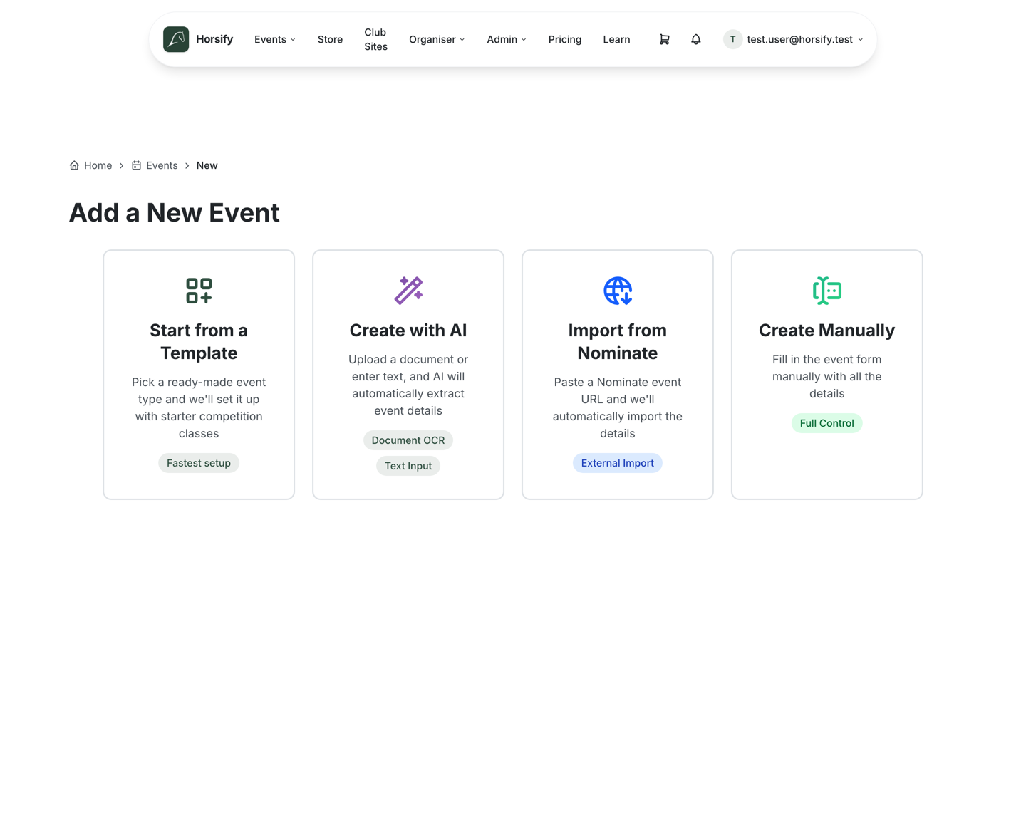 The Add a New Event page showing four setup methods as cards — Start from a Template (Fastest setup), Create with AI (Document OCR / Text Input), Import from Nominate (External Import), and Create Manually (Full Control)