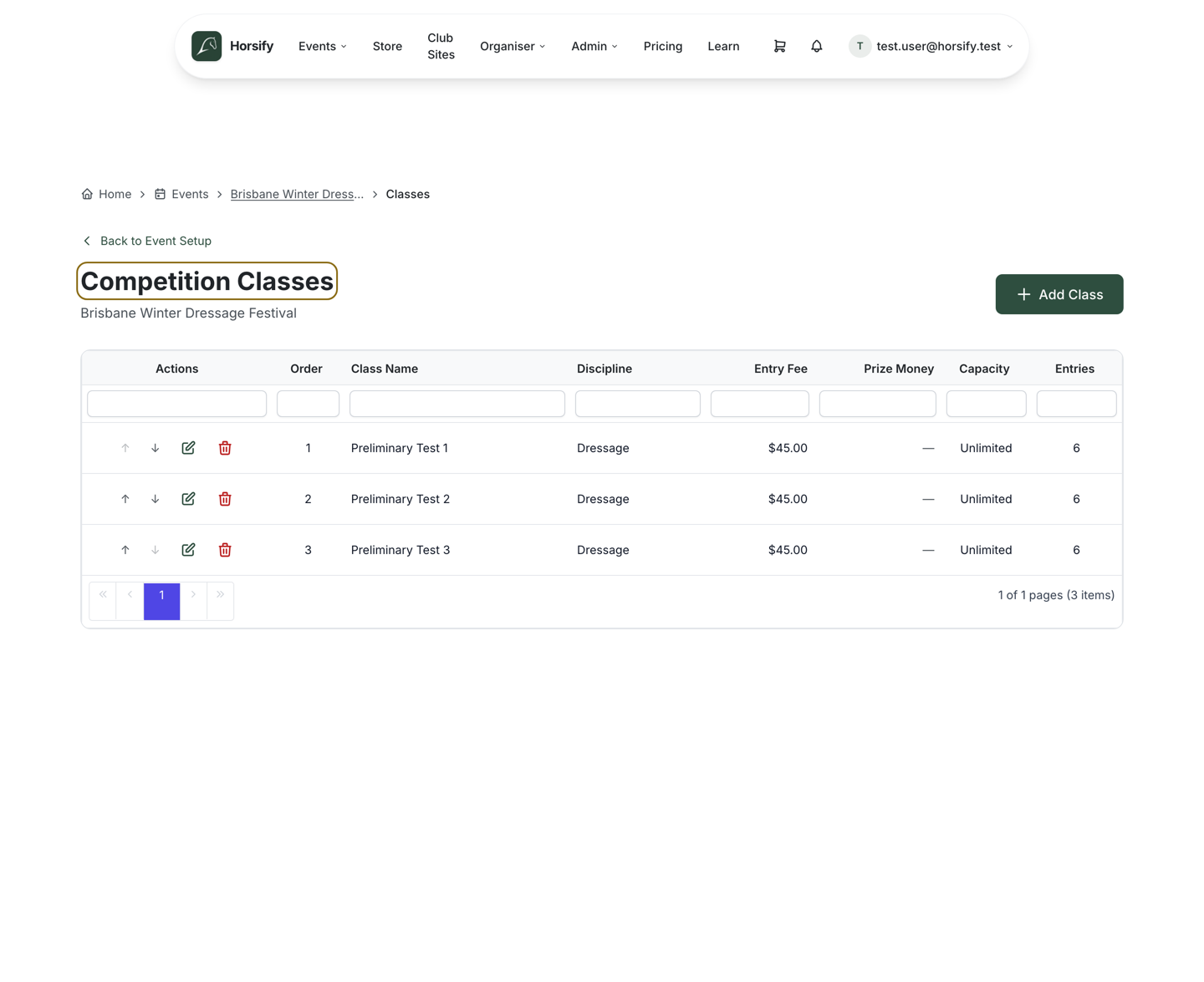 The Competition Classes page for an event, listing three classes (Preliminary Test 1, 2 and 3) in a table with columns for order, class name, discipline, entry fee, prize money, capacity and entry count, plus an Add Class button
