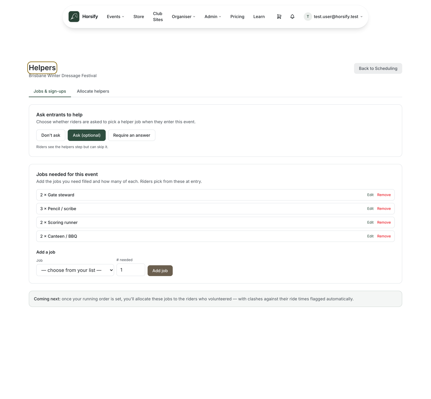 The Helpers "Jobs & sign-ups" tab showing the Ask-entrants-to-help mode selector (Don't ask / Ask optional / Require an answer) and a Jobs-needed-for-this-event list with quantities like 2 × Gate steward and 3 × Pencil / scribe, each with Edit and Remove, plus an Add-a-job form
