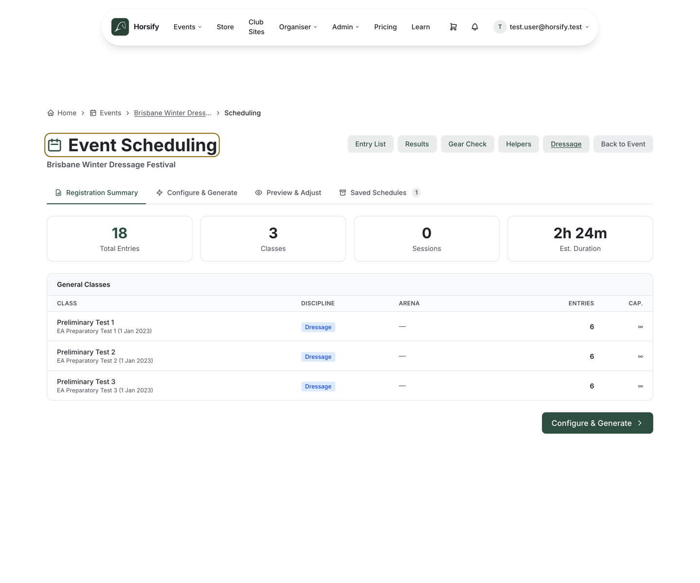 The Event Scheduling page on its Registration Summary tab, with headline tiles for Total Entries, Classes, Sessions and estimated duration, the tab bar (Registration Summary, Configure & Generate, Preview & Adjust, Saved Schedules), and a class list ready to schedule