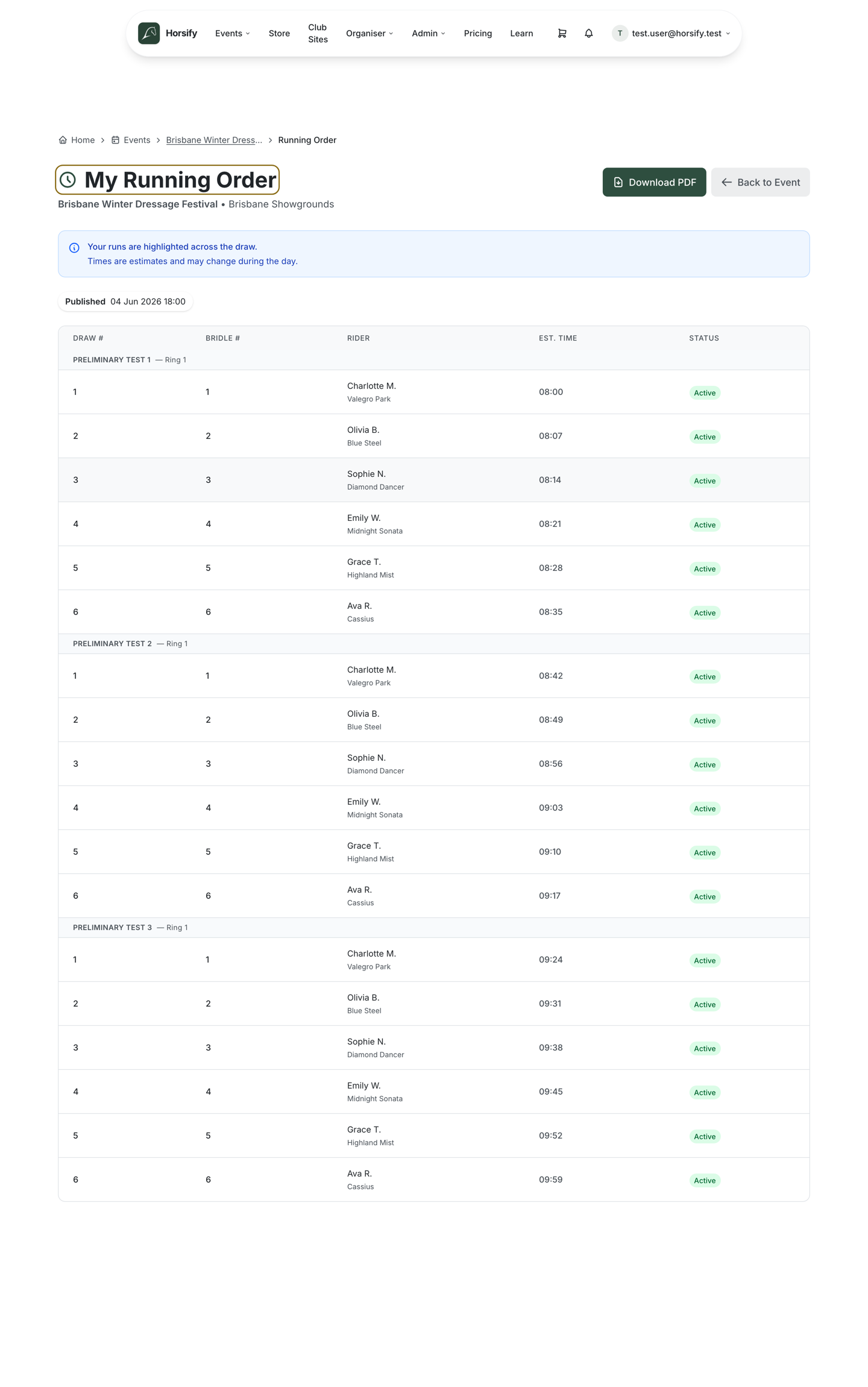 The rider-facing My Running Order page showing the published draw grouped by class and ring, with columns for draw number, bridle number, rider and horse, estimated start time, and status, plus a Download PDF button