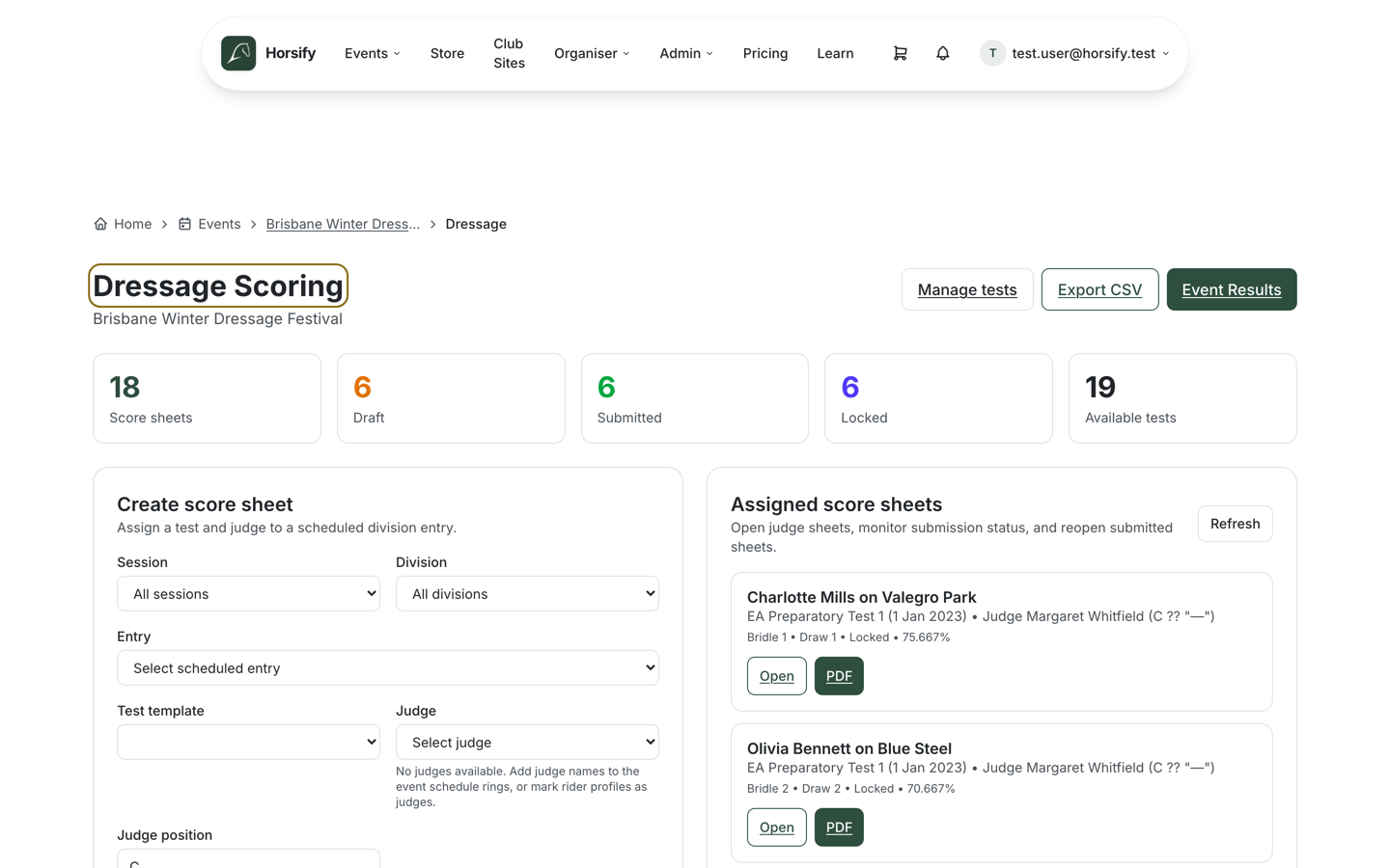 The Dressage Scoring dashboard with tiles counting score sheets, Draft, Submitted, Locked and available tests, a Create score sheet form (session, division, entry, test template, judge), and a list of assigned score sheets showing each competitor, test, judge and status with Open and PDF buttons