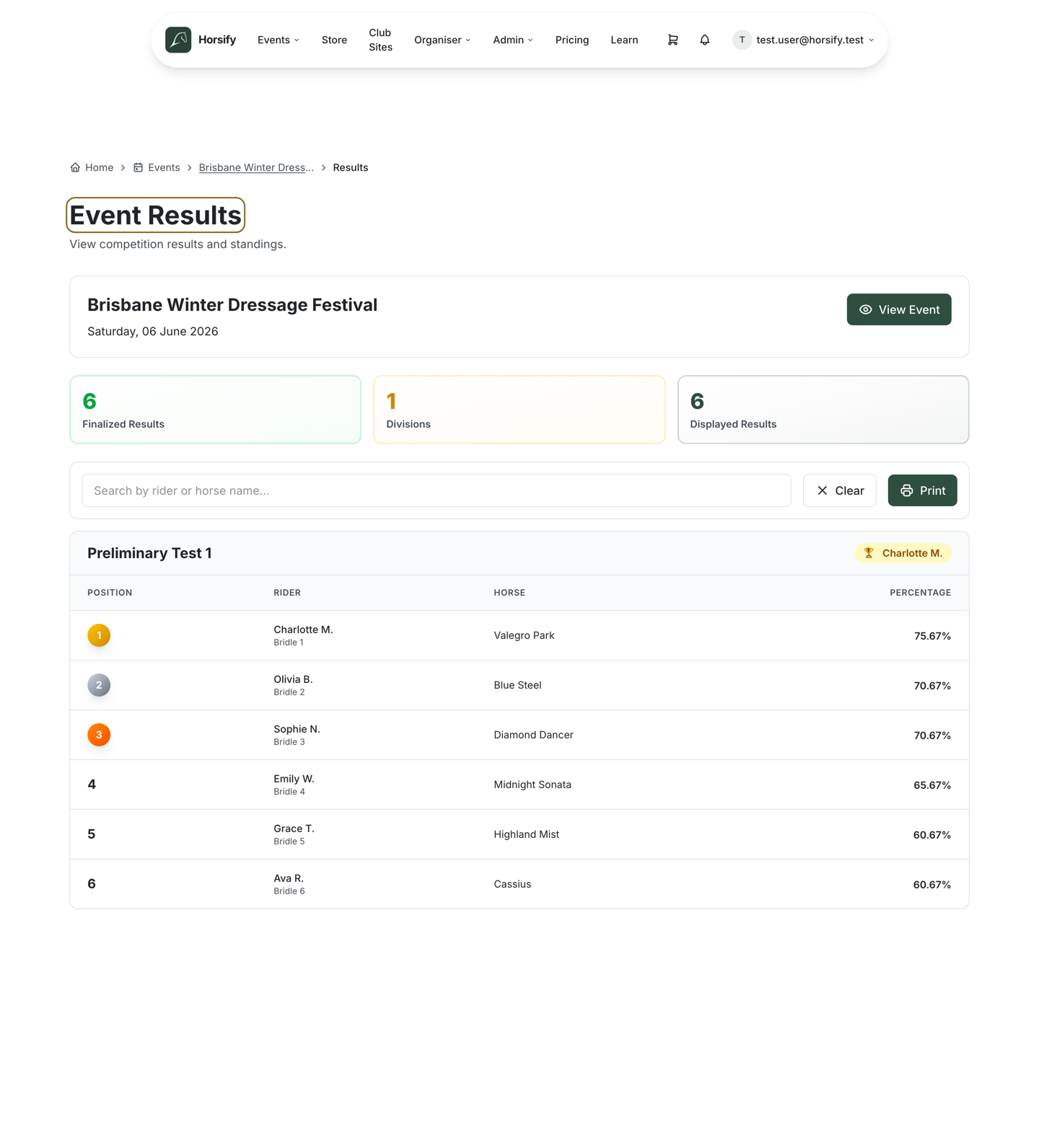 The public Event Results page with summary tiles (Finalized Results, Divisions, Displayed Results), a search box and Print button, and a division result table showing gold, silver and bronze position badges, a winner trophy chip, rider and bridle number, horse, and percentage