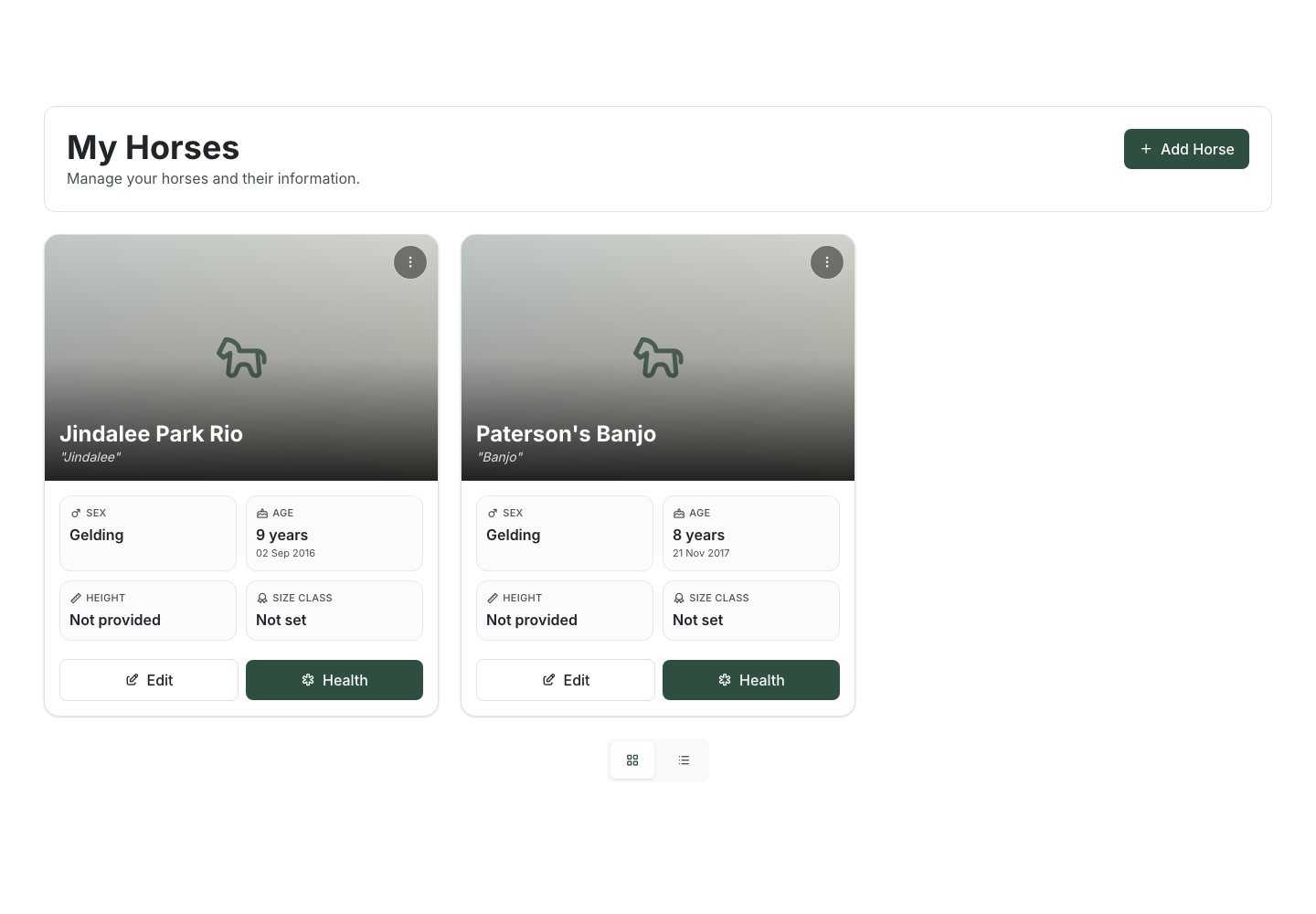 The My Horses page showing two horse cards (Jindalee Park Rio and Paterson's Banjo), each with sex, age, height and size-class details and Edit and Health buttons, plus an "Add Horse" button top-right and a grid/list view toggle