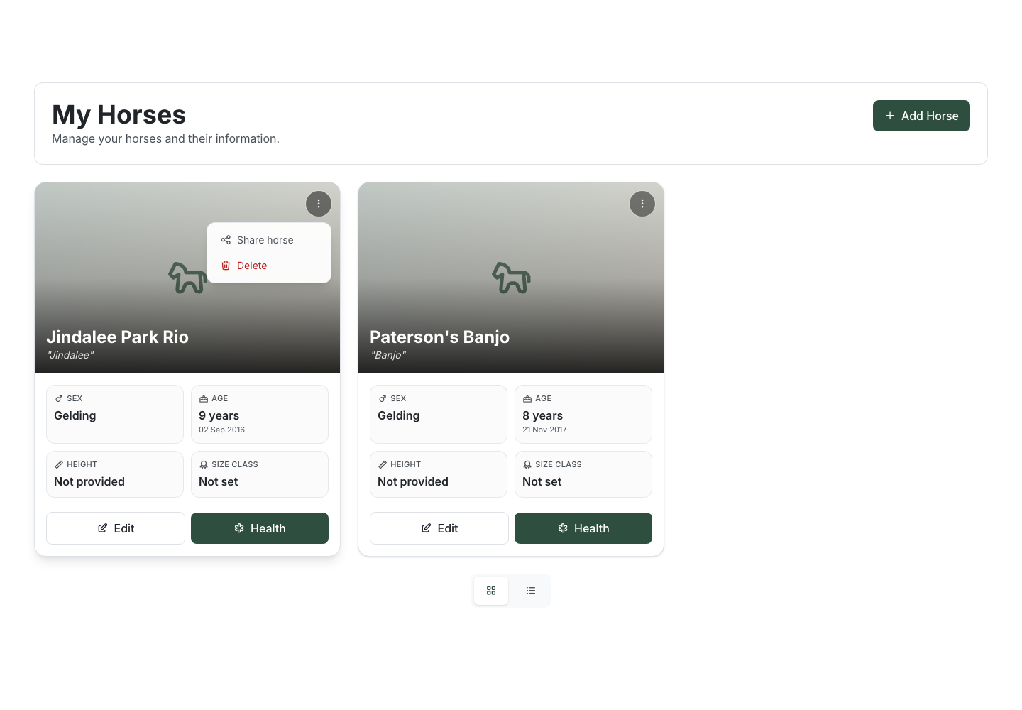A horse card with its three-dots "More horse actions" menu open, showing "Share horse" and "Delete" options