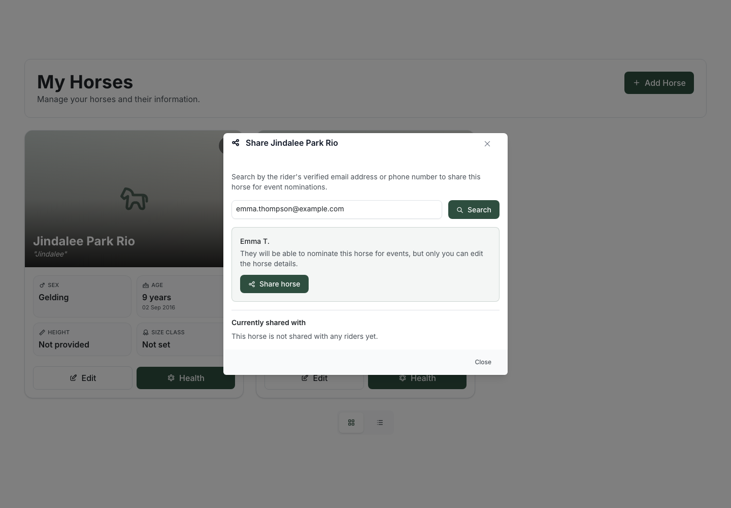 The Share dialog after searching, showing a match for "Emma T." with the note "They will be able to nominate this horse for events, but only you can edit the horse details" and a green "Share horse" button