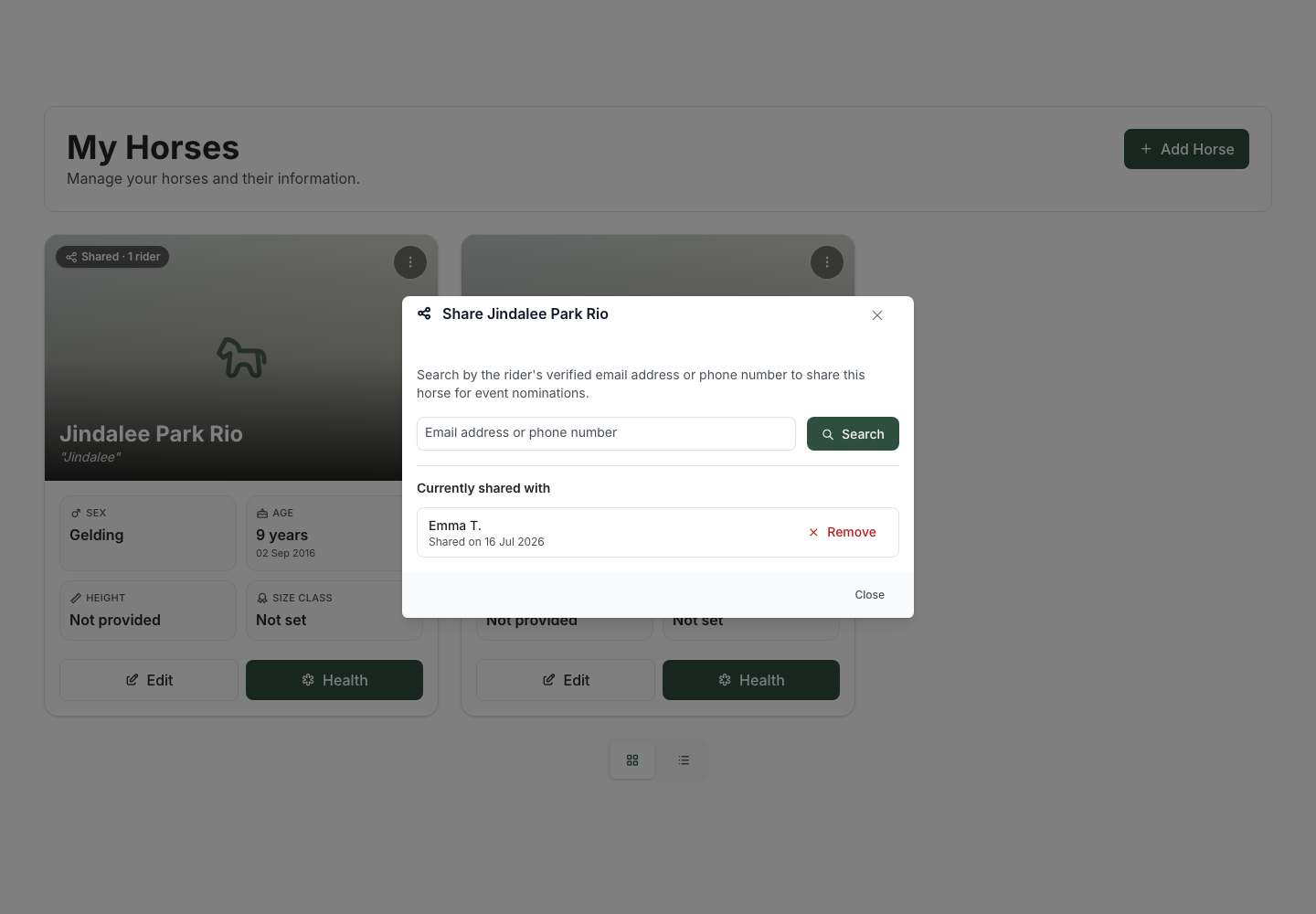 The Share dialog showing "Currently shared with — Emma T., Shared on 16 Jul 2026" and a red "Remove" button, with the horse card behind it now carrying a "Shared · 1 rider" badge