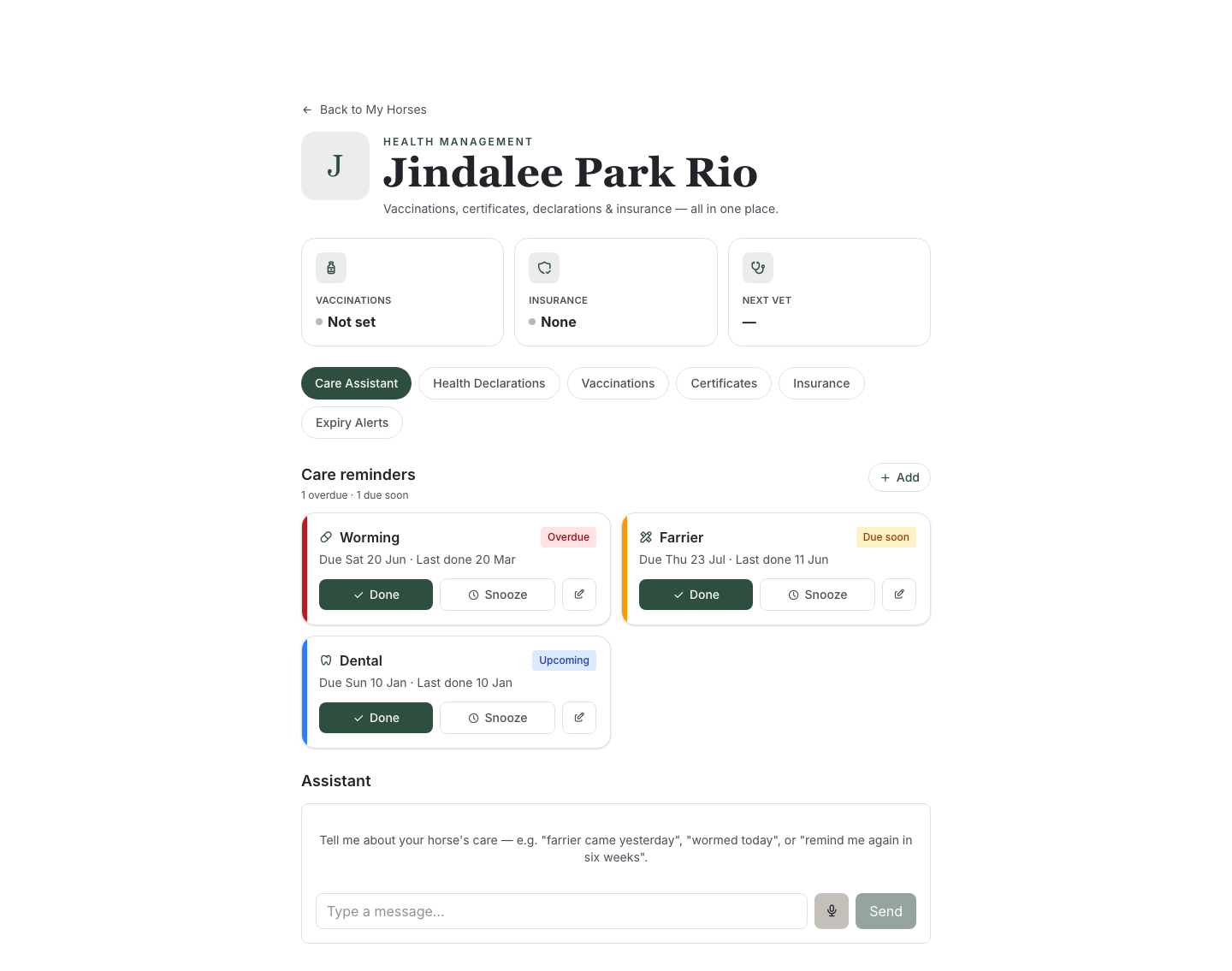 The horse Health page for "Jindalee Park Rio" headed "Health Management", with summary tiles for Vaccinations, Insurance and Next Vet, a row of tabs (Care Assistant selected, then Health Declarations, Vaccinations, Certificates, Insurance, Expiry Alerts), a "Care reminders" section, and an "Assistant" chat box