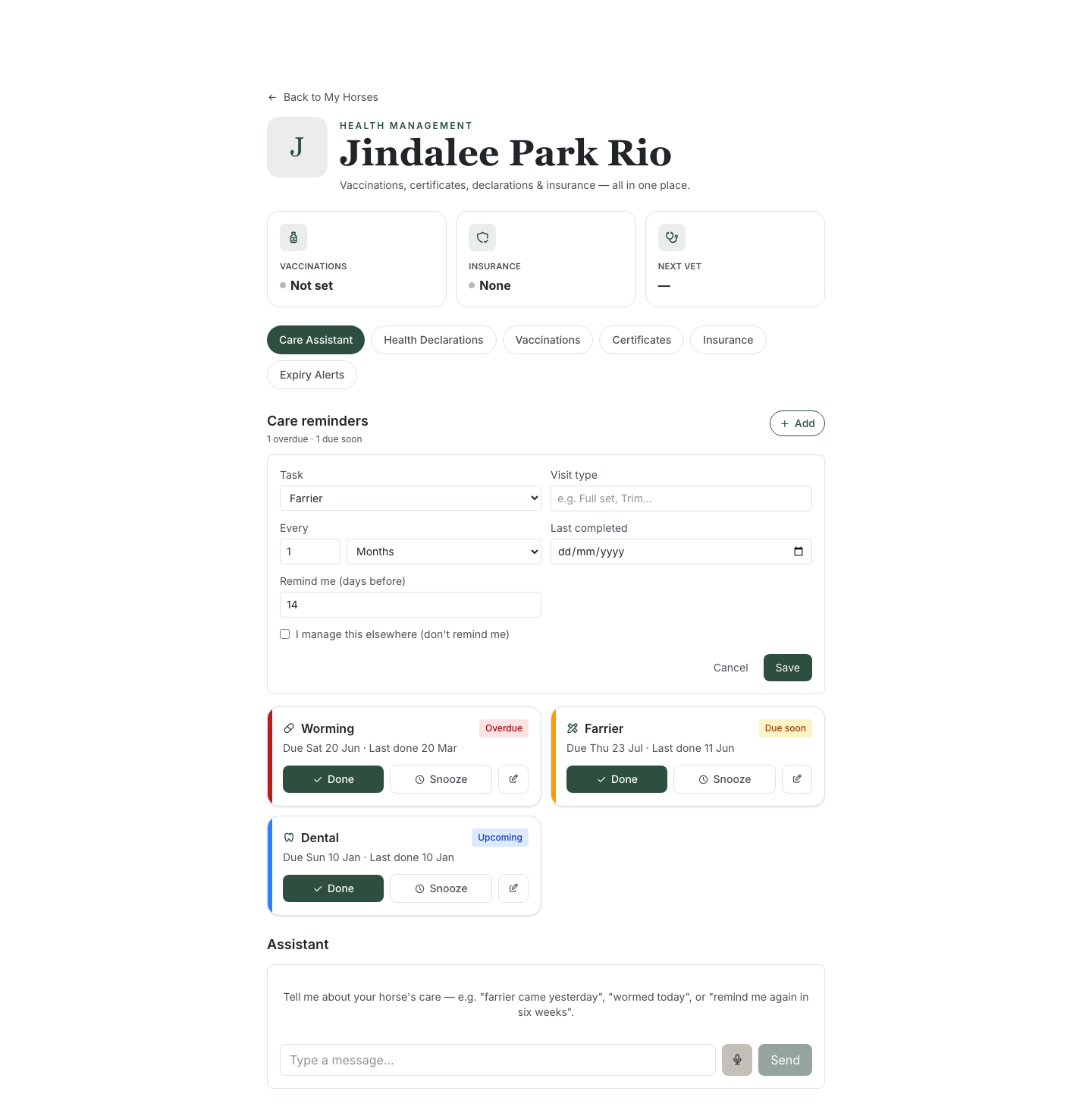 The Add reminder form open, with fields for Task (Farrier), Visit type, "Every" (a number and a Days/Weeks/Months unit), "Last completed" (a date), "Remind me (days before)", and an "I manage this elsewhere (don't remind me)" checkbox, plus Cancel and Save buttons — with existing Worming, Farrier and Dental reminder cards below