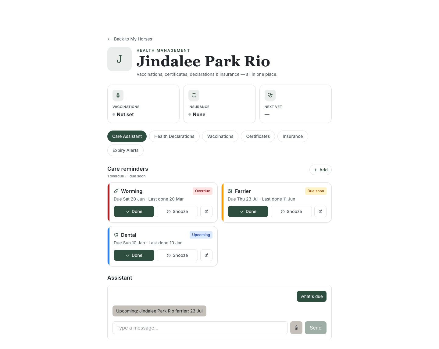 The Assistant chat showing the rider message "what's due" and the assistant's reply "Upcoming: Jindalee Park Rio farrier: 23 Jul", with a "Type a message…" input, a microphone button and a Send button