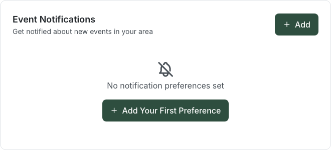 The "Event Notifications" card on the Rider Dashboard, headed "Get notified about new events in your area", showing an empty state with a bell icon, the text "No notification preferences set", and an "Add Your First Preference" button