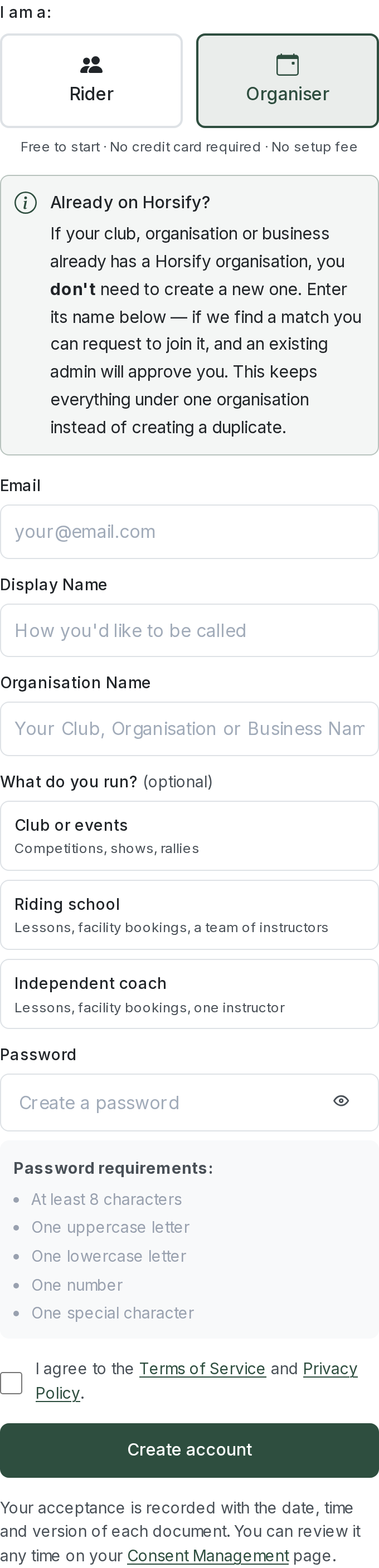 Horsify Create account form with the Organiser account type selected