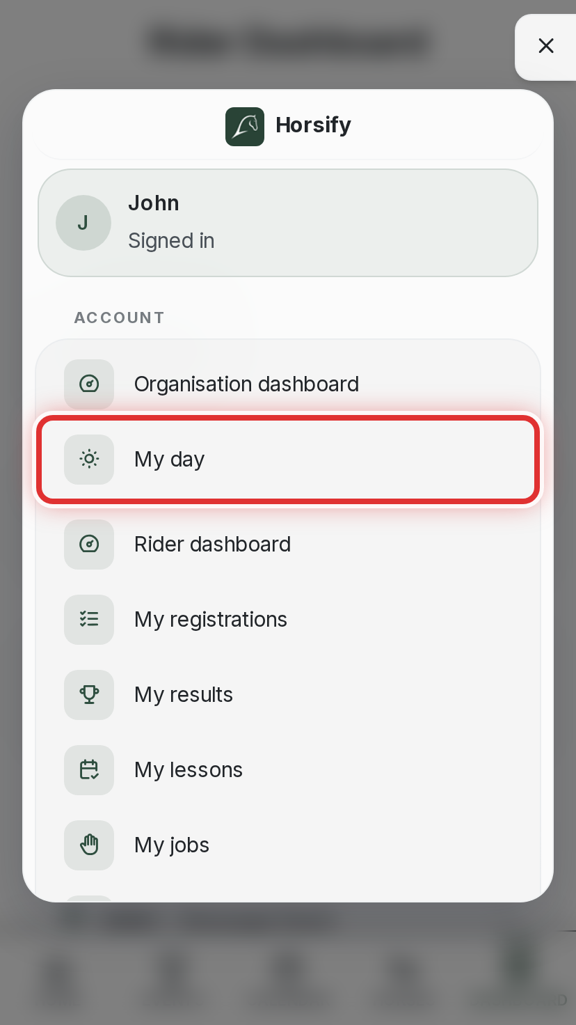 The phone menu open, with My day highlighted