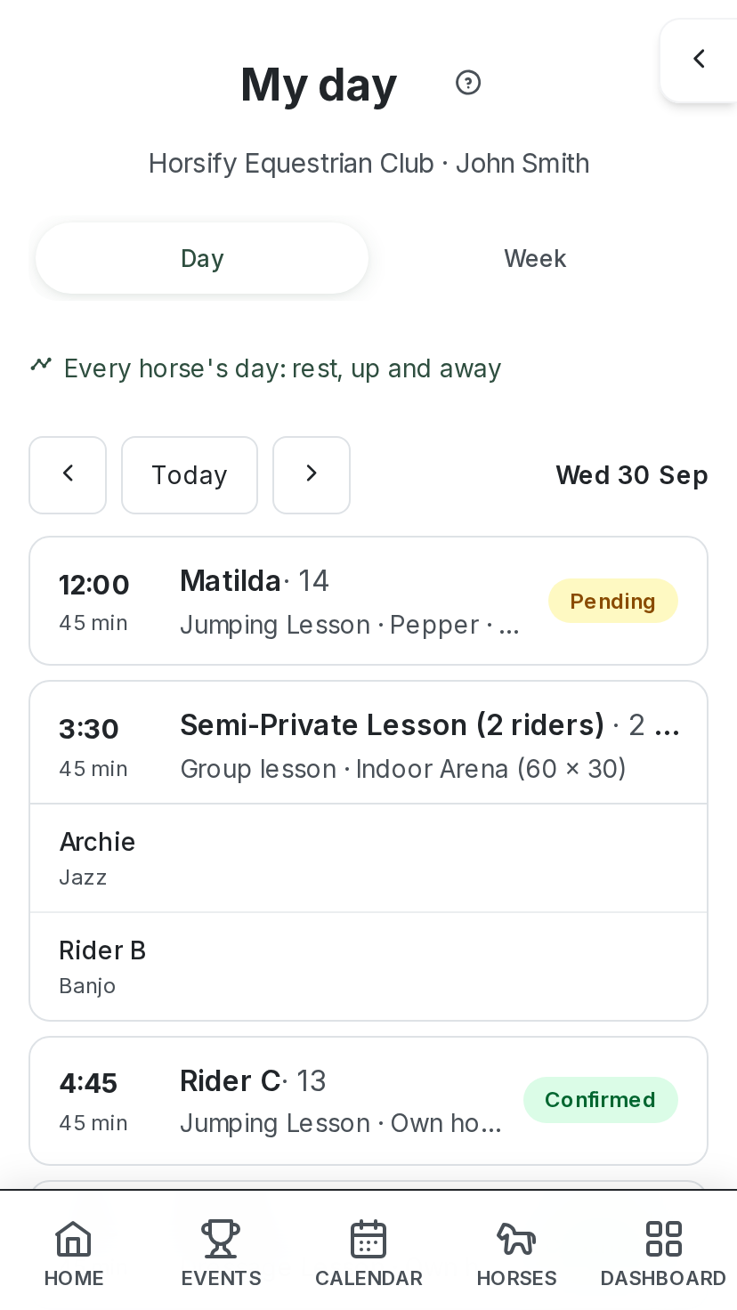 My day on a phone, showing the Day view with the day's lessons