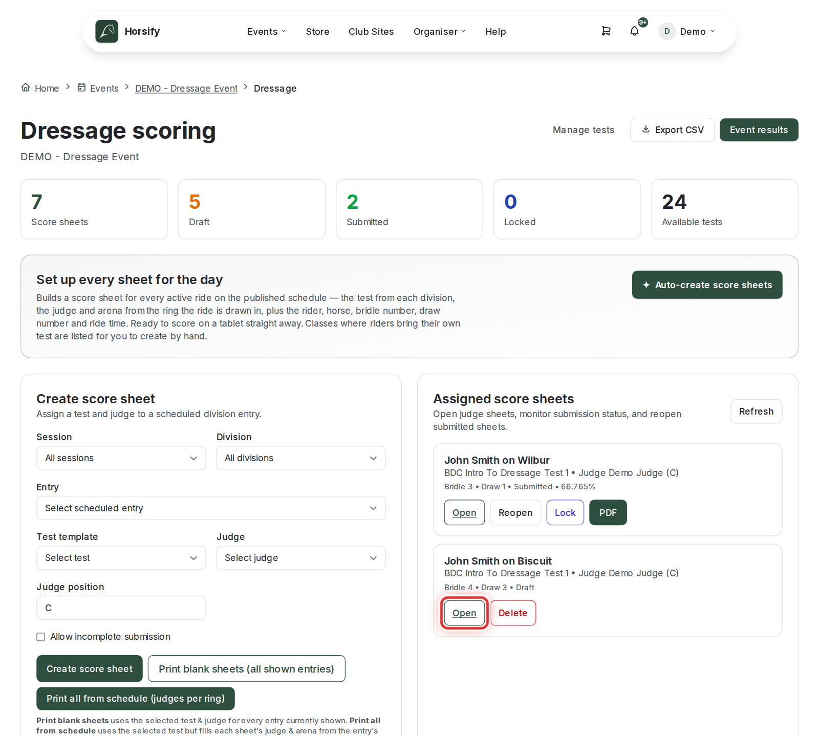 The Dressage Scoring page, with Open highlighted on an assigned score sheet