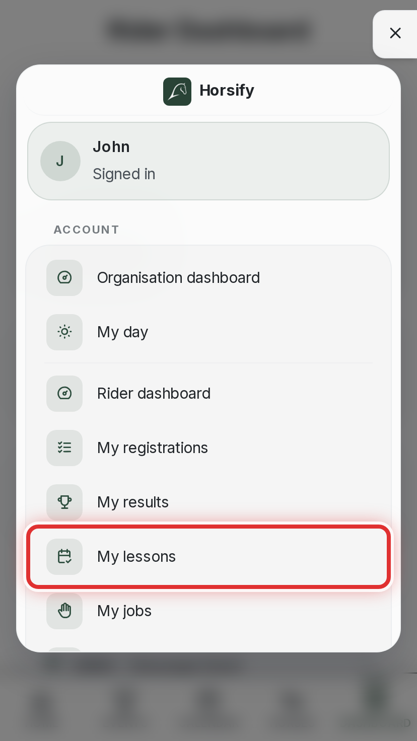 The phone menu open, with My lessons highlighted