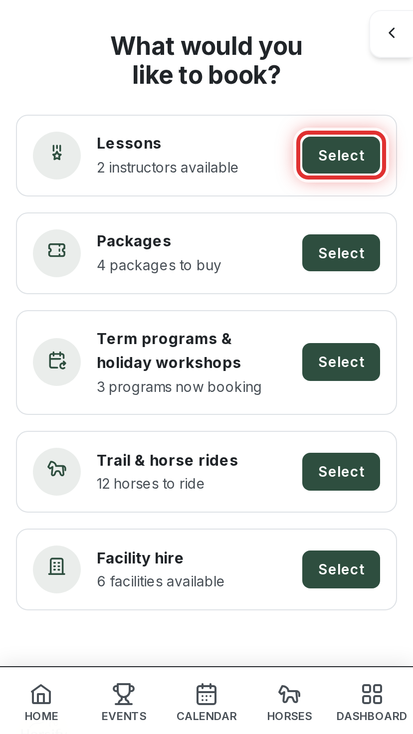 What would you like to book? with Select next to Lessons highlighted