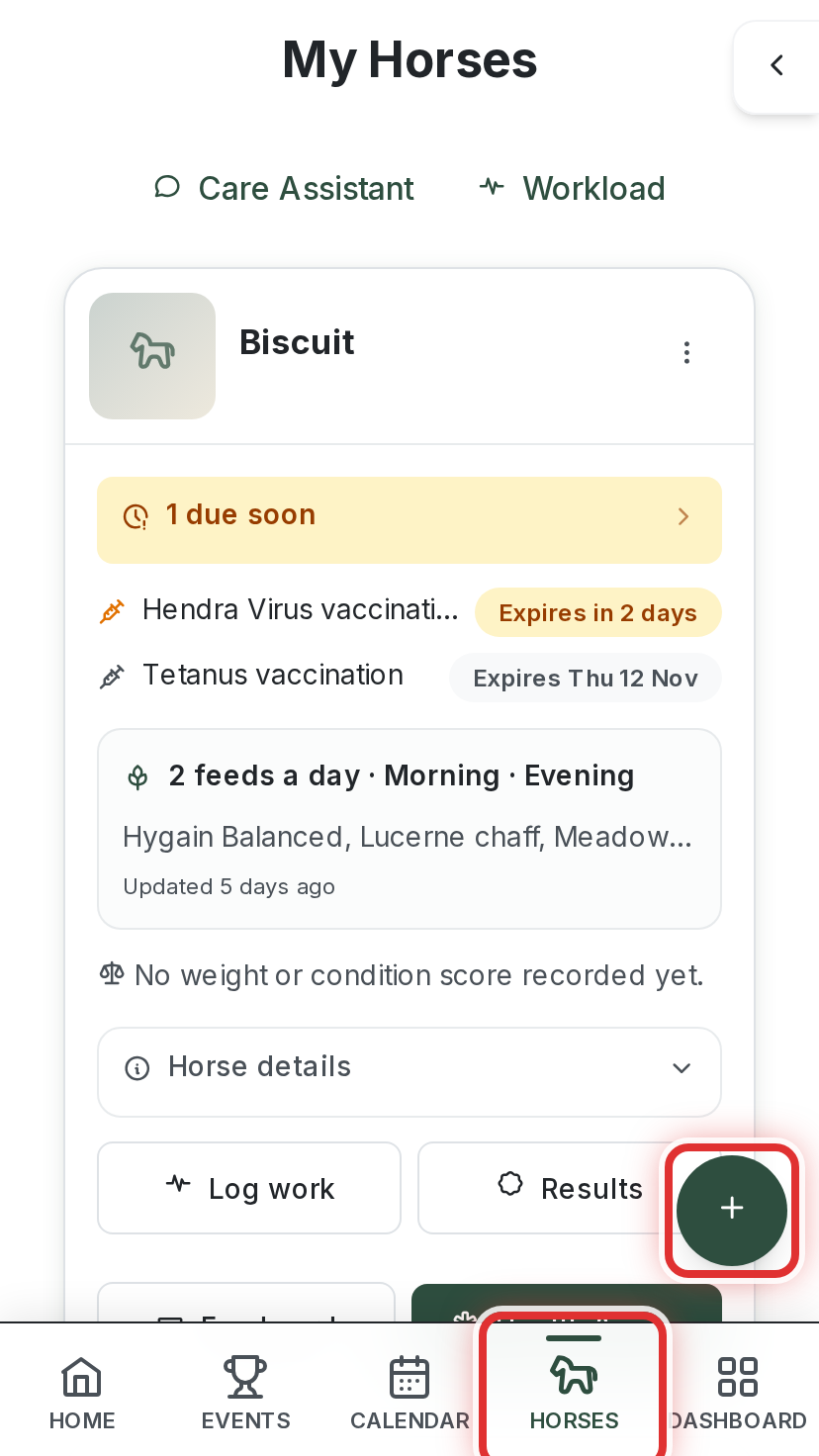 My Horses on a phone, with the Horses tab and the + add button highlighted