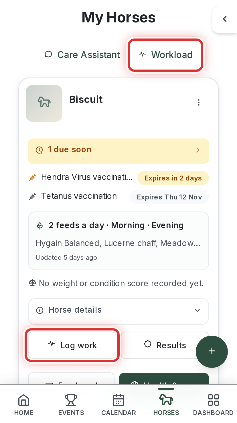 My Horses on a phone, with the Workload link and a horse's Log work button highlighted
