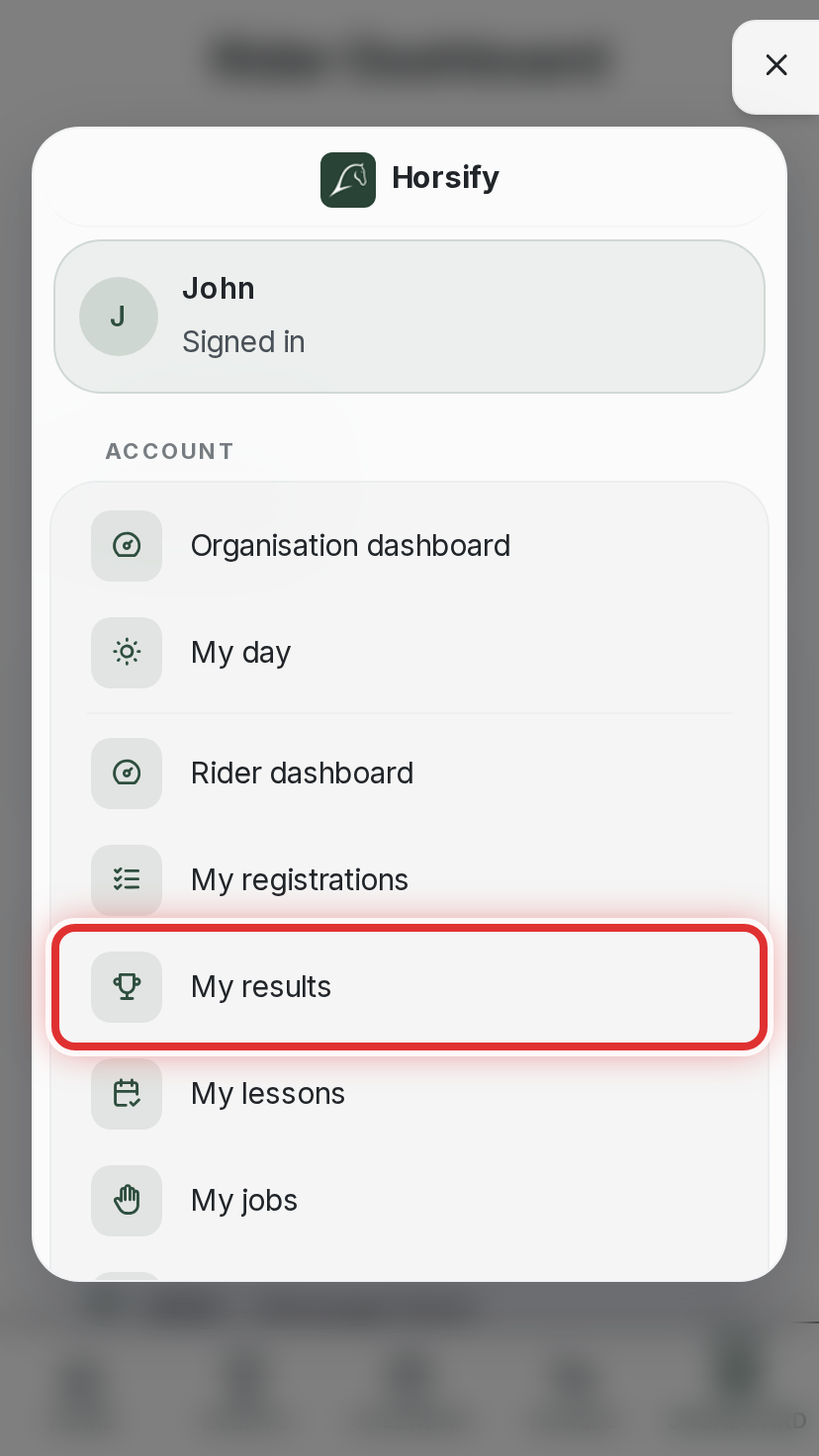 The phone menu open, with My results highlighted