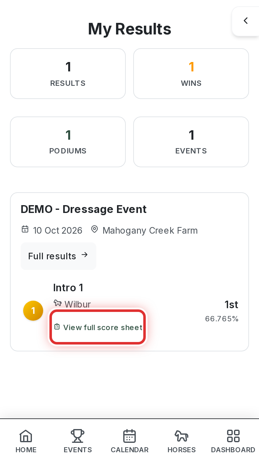 My Results on a phone, with View full score sheet highlighted