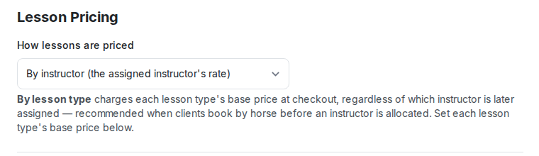 The Lesson Pricing setting, showing By instructor selected