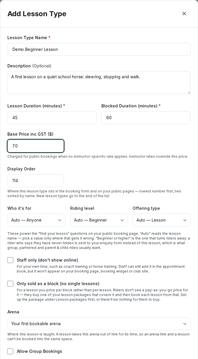 The Add Lesson Type form filled in for a 45 minute beginner lesson