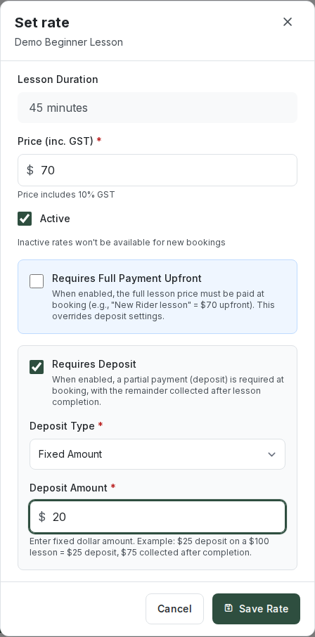 The Set rate form with a $70 price and a $20 fixed deposit