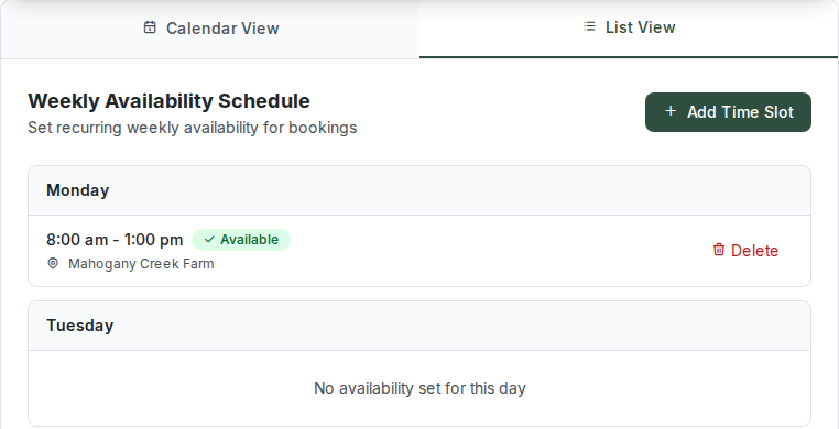 An instructor's weekly availability in List View