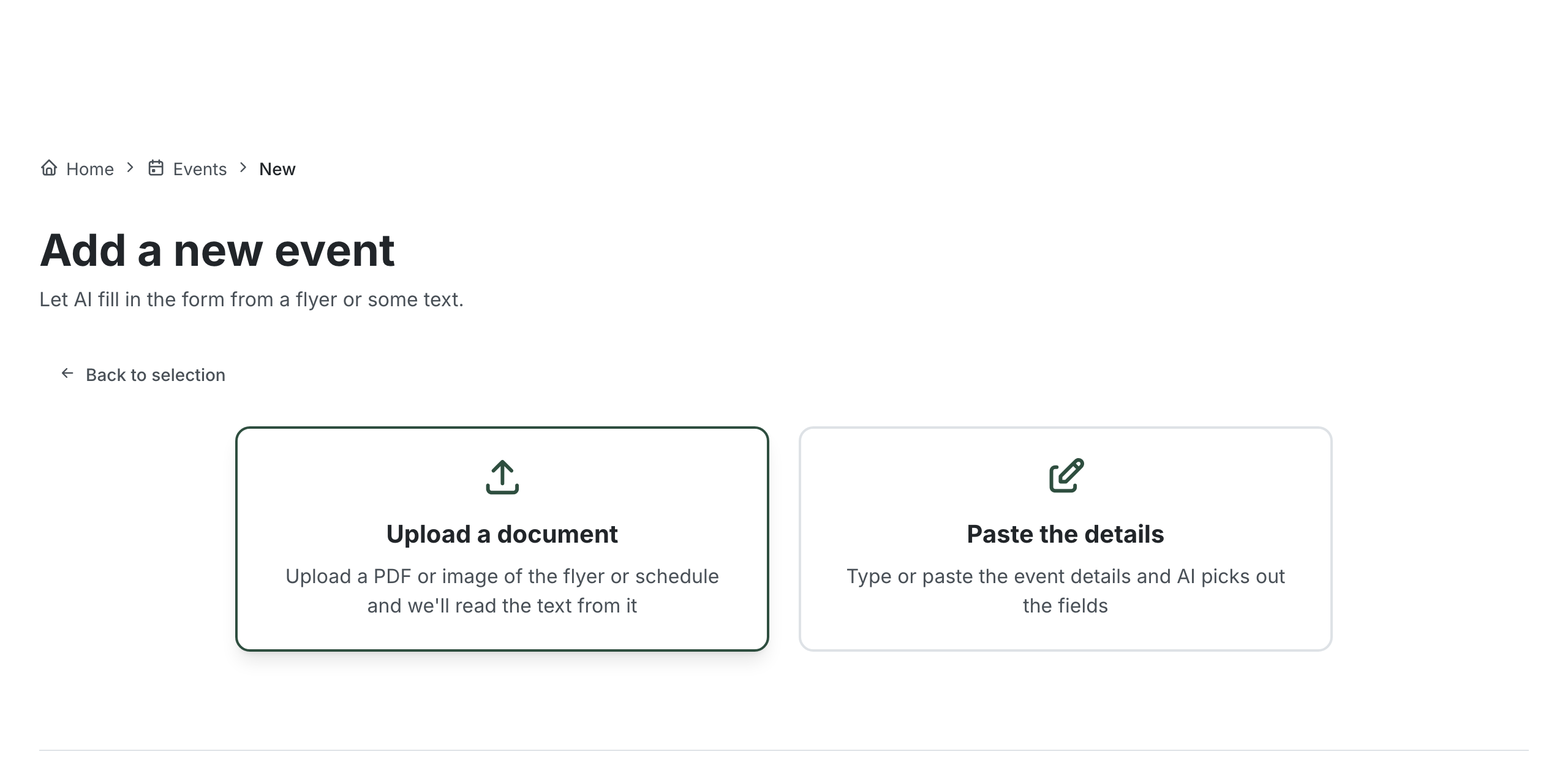 The Create with AI screen offering two options: Upload a document (a PDF or image of the flyer or schedule) and Paste the details (type or paste the event details)