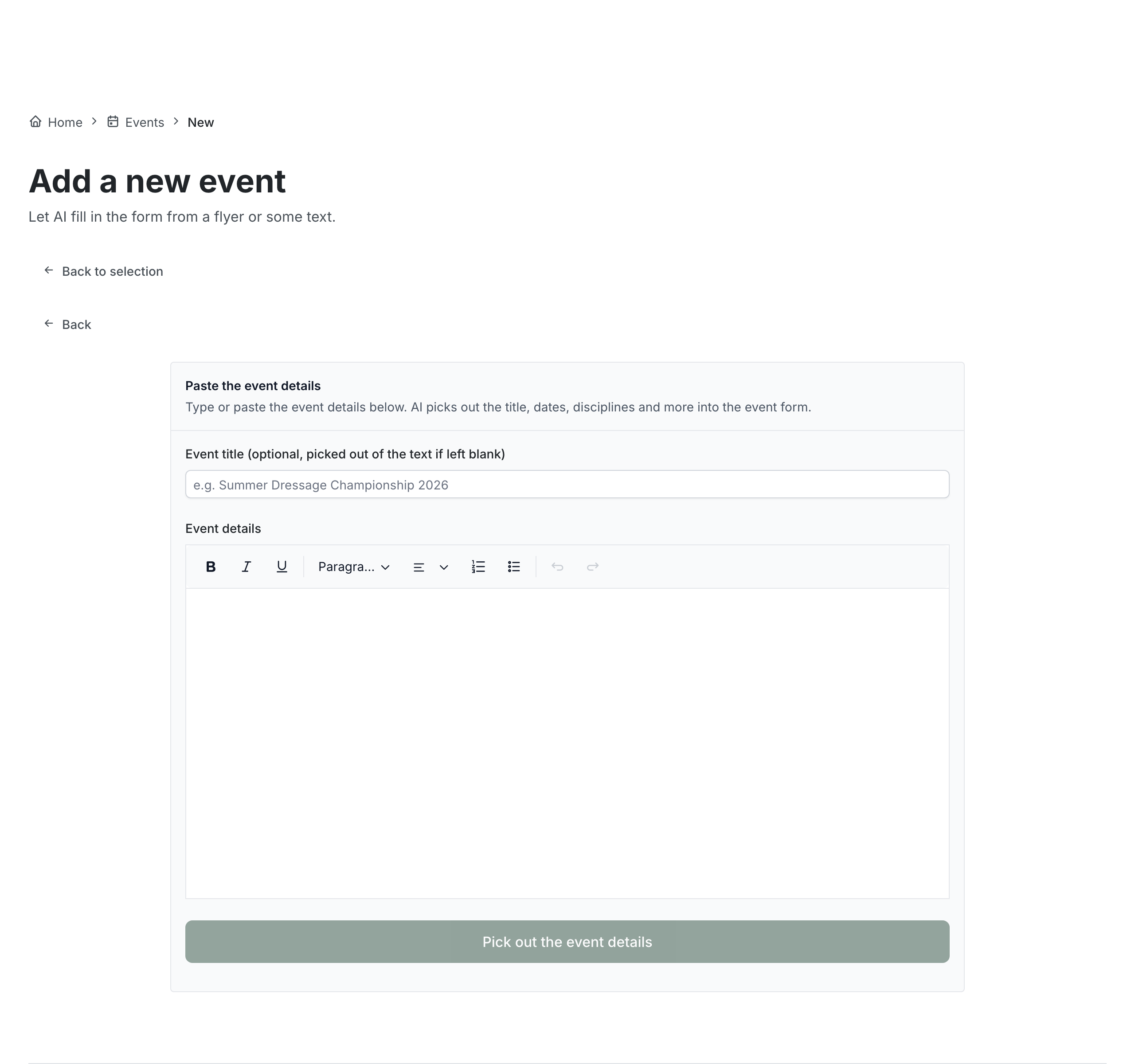 The Paste the details screen with an optional event-title field, a rich-text editor for the event details, and a "Pick out the event details" button