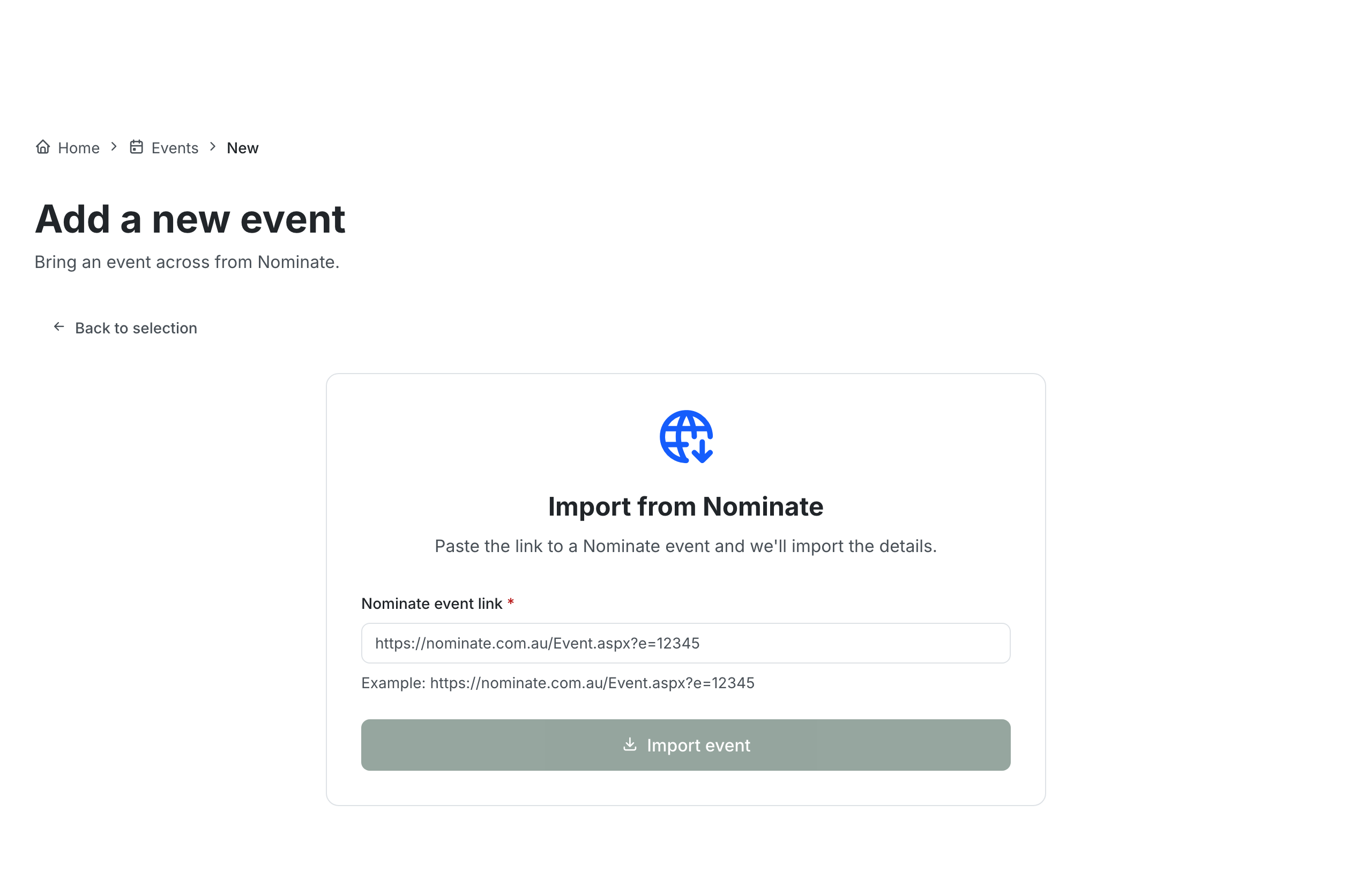 The Import from Nominate screen with a "Nominate event link" field and an "Import event" button