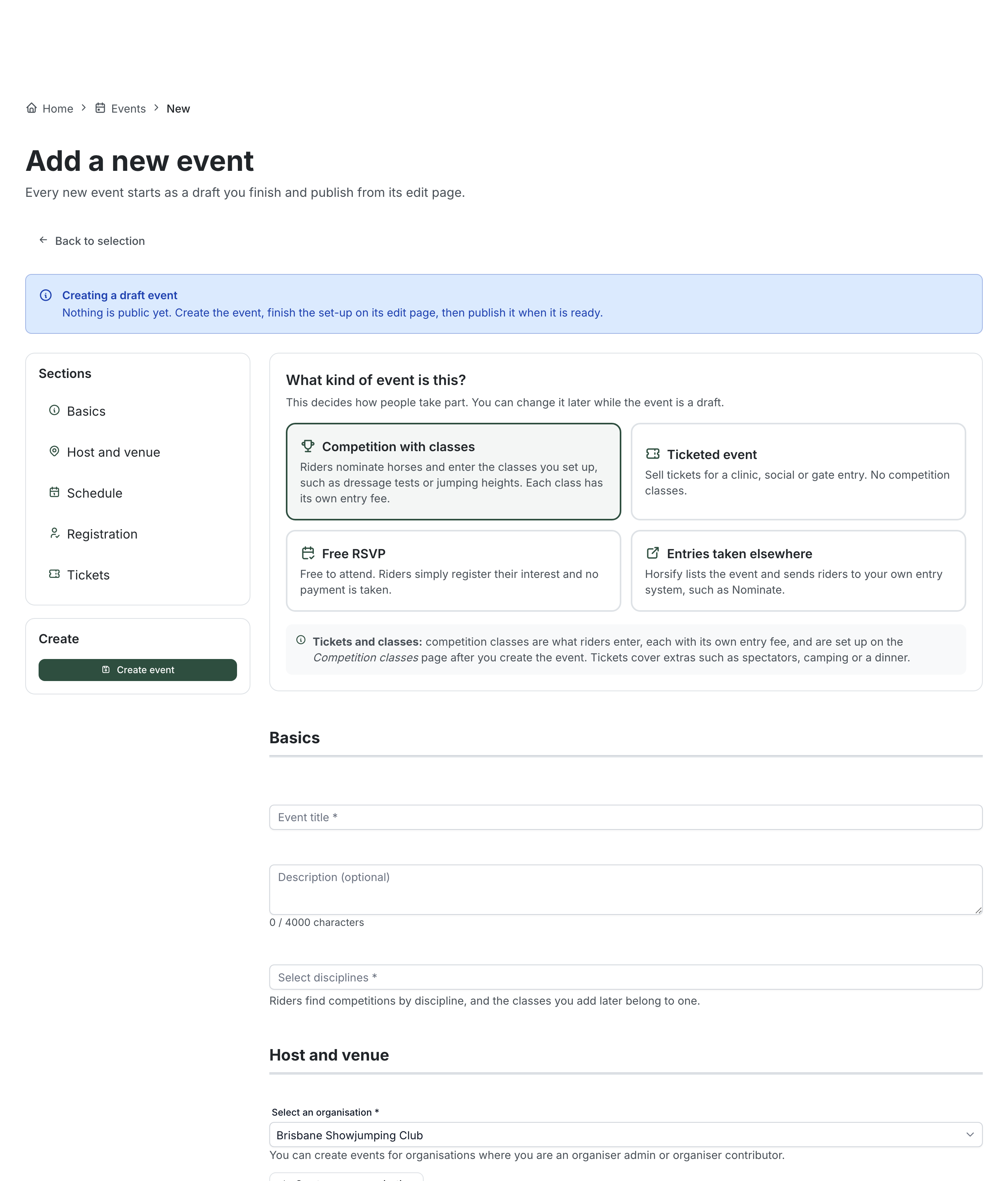 The manual event form showing the draft banner, the "What kind of event is this?" chooser, and the Basics, Host and venue, Schedule and Registration sections with a Sections sidebar