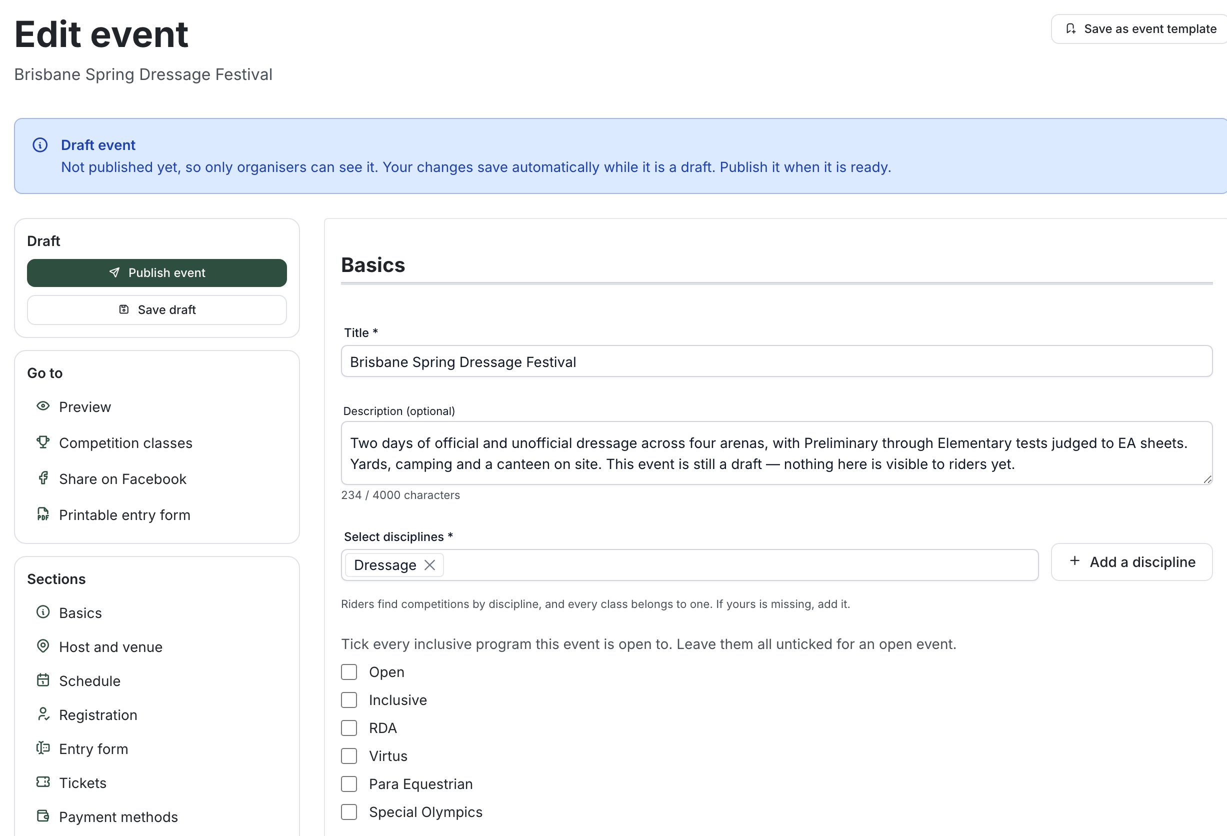 The Edit event page for a draft: a blue "Draft event" banner, a sidebar with Publish event and Save draft, the Go to and Sections lists, and the Basics fields — Title, Description with a character counter, disciplines and inclusive participation