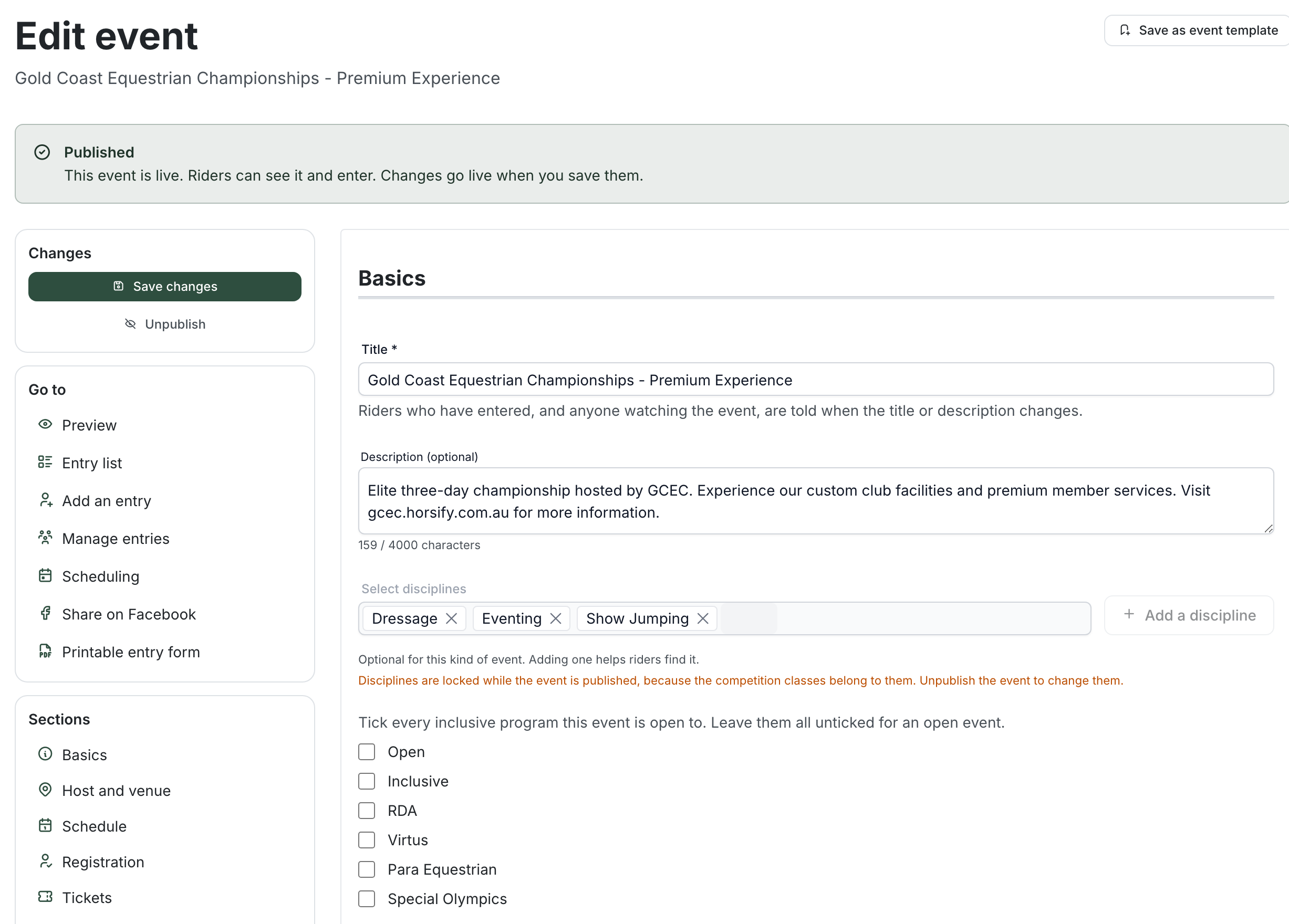 A published event's edit screen: a green "Published" banner, the save panel offering Save changes and Unpublish, and a greyed-out Disciplines field with an amber note reading "Disciplines are locked while the event is published"