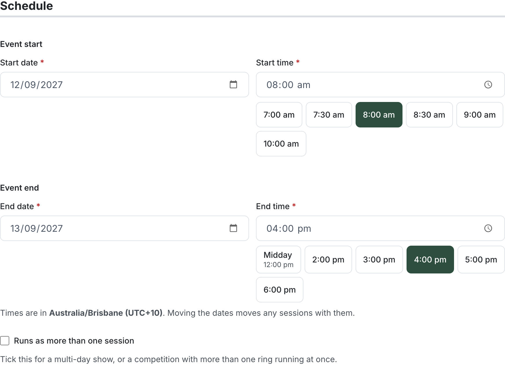 The Schedule section: Event start and Event end date and time fields with quick-pick time chips, a note that times are in Australia/Brisbane and that moving the dates moves the sessions, and the "Runs as more than one session" tick box