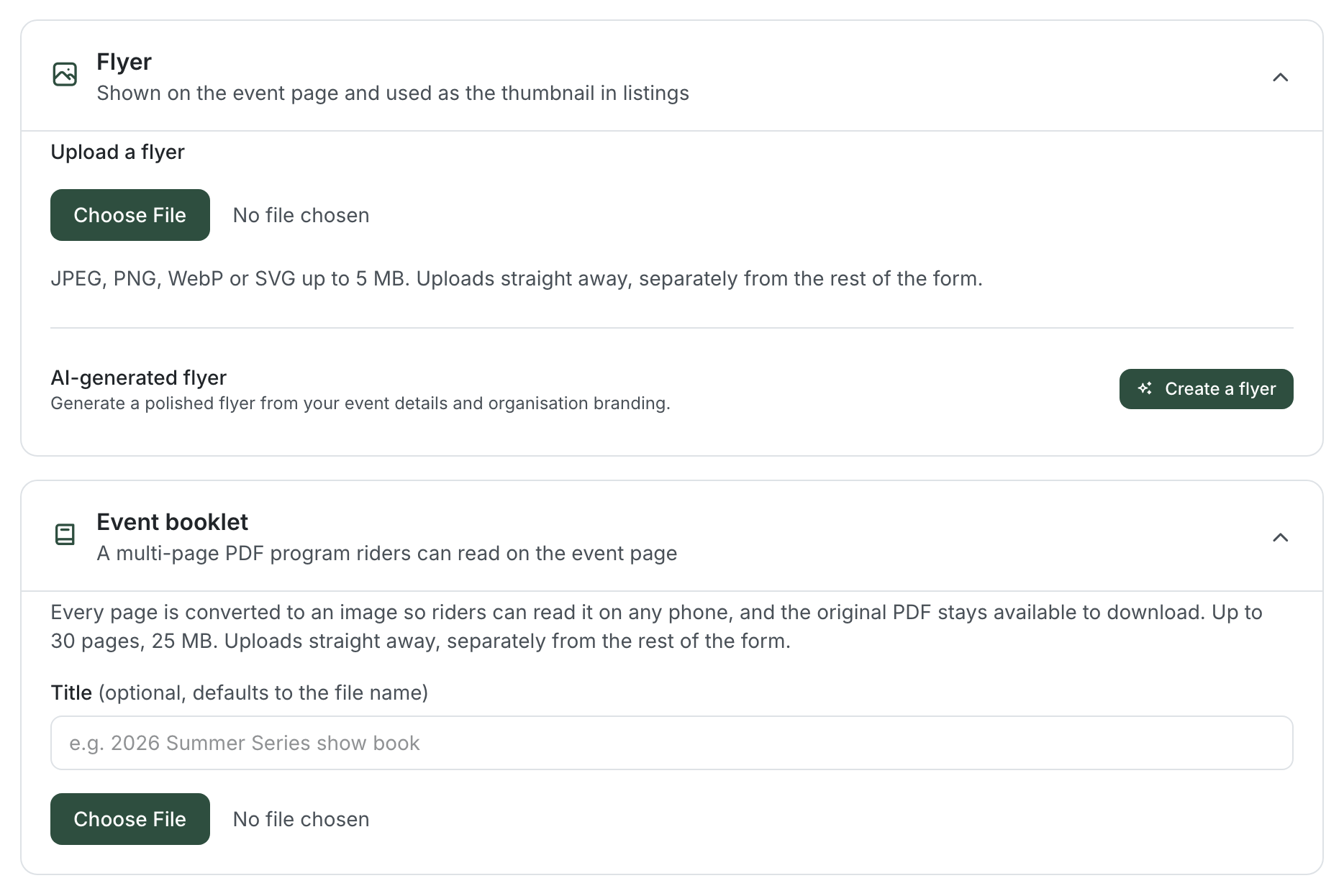 The Flyer section with an Upload a flyer file picker and an AI-generated flyer row with a Create a flyer button, above the Event booklet section explaining that every page is converted to an image, up to 30 pages and 25 MB, with a title field and file picker
