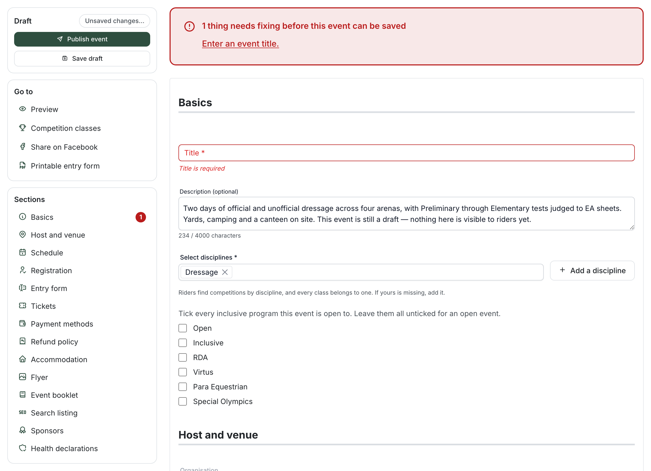 A draft after pressing Publish event with a blank title: the sidebar chip reads "Unsaved changes…", the Sections list shows a red 1 beside Basics, and a red summary above the form reads "1 thing needs fixing before this event can be saved" with "Enter an event title." as a link
